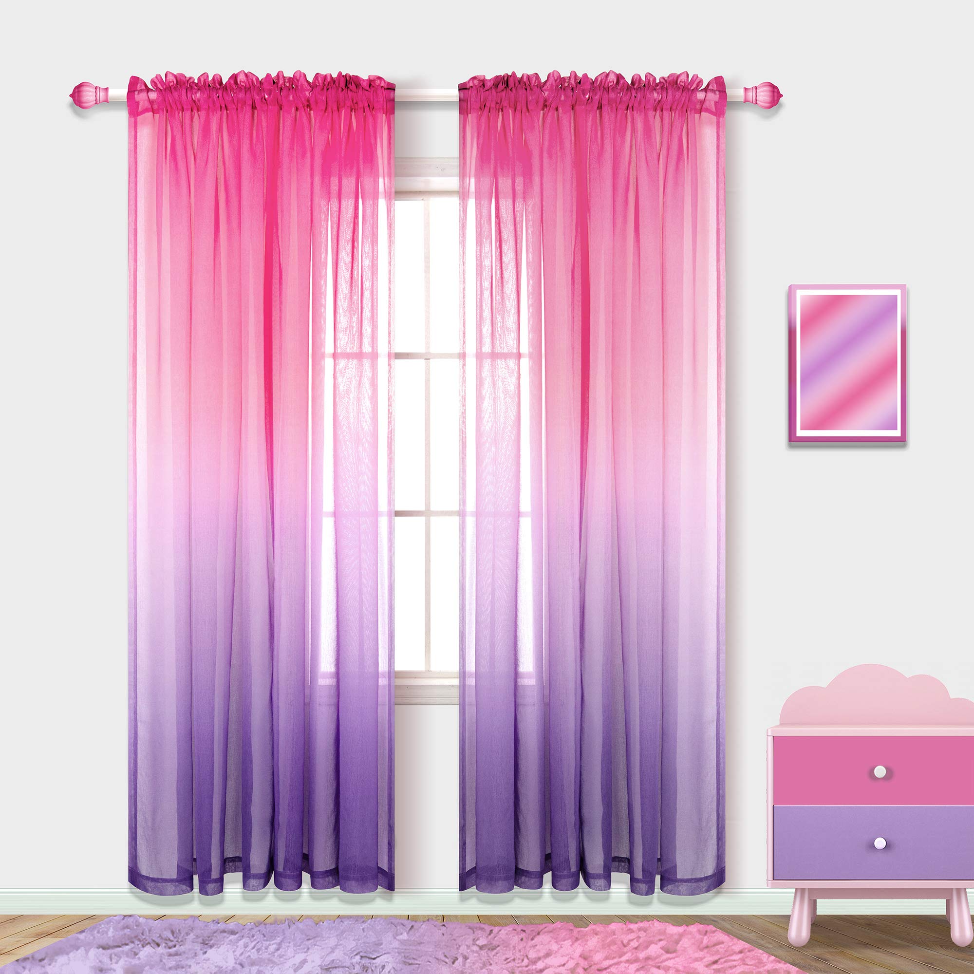 Pink and Purple Ombre Sheer Curtains for Girls Bedroom - 2 Panels Set, 84 Inch Length, Cute Princess Style for Kids Nursery & Teen Room Decor - Perfect for Windows, Dorm, Playroom & Princess-Themed Parties