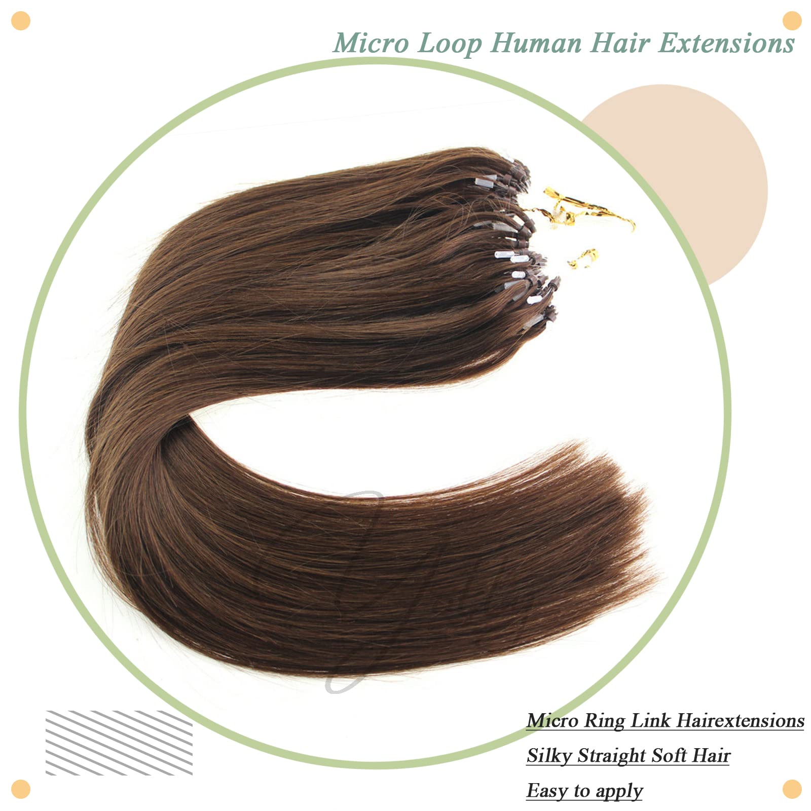 Micro Ring Loop Human Hair Extensions - 20inch 100 Strands Straight Chocolate Brown Remy Hair with Micro Beads for Women | Perfect for Daily Styling, Parties & Special Occasions