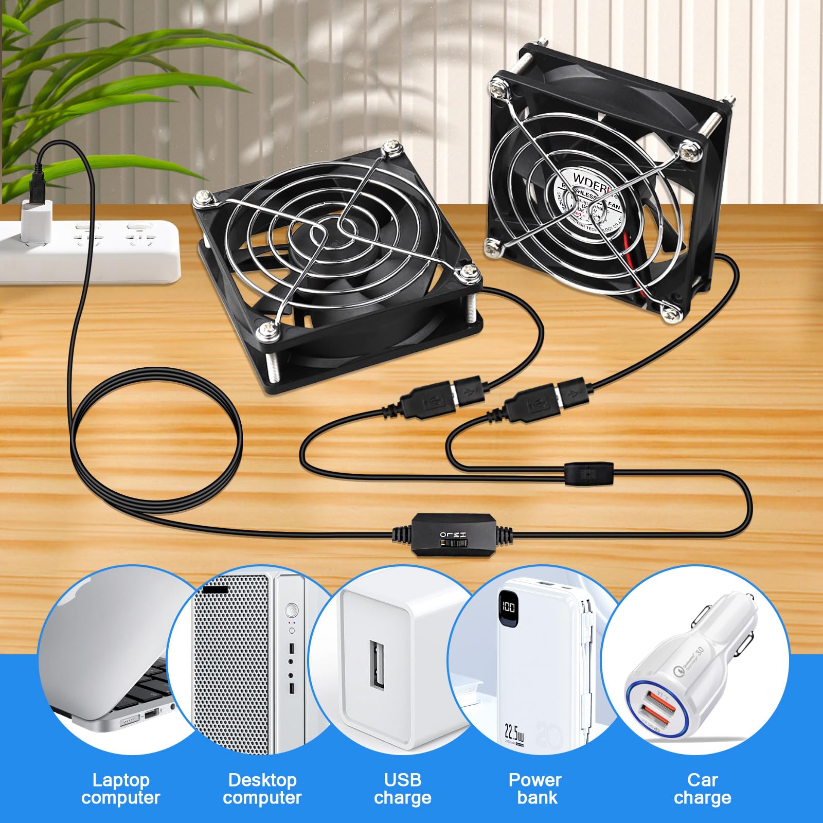 80mm USB PC Case Cooling Fan - Quiet 5V with Speed Controller (2-Pack) for Gaming & Office Desktops