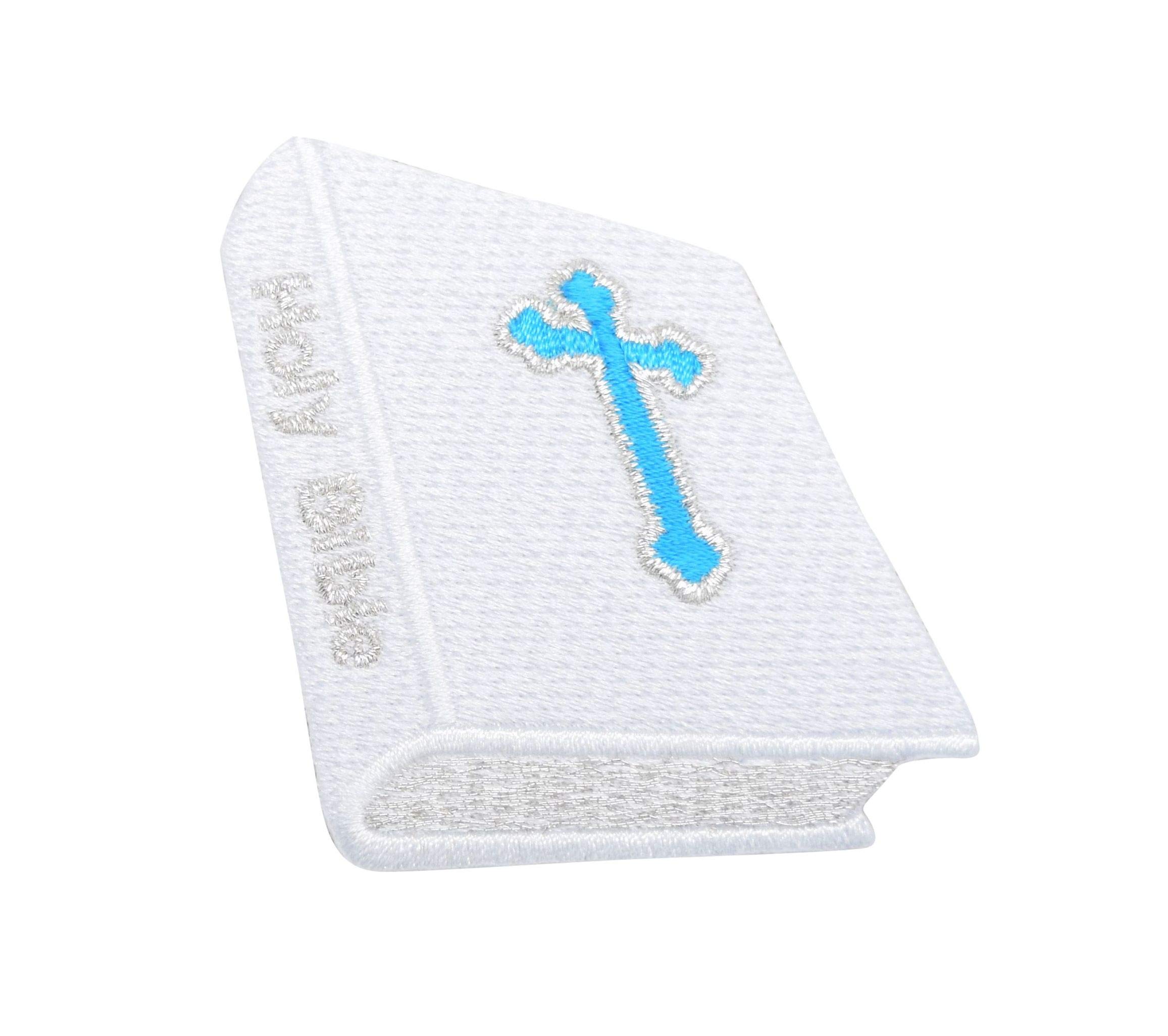 White Bible with Turquoise Blue Cross Iron on Patch - Religious Embroidered Applique for DIY Clothing, Hats & Bags - Perfect for Christian Gifts, Church Events & Faith-Based Crafts