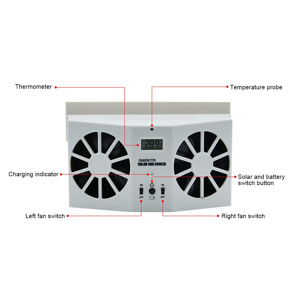 Solar Powered Car Window Fan - Universal Front/Rear Window Ventilation Cooler with Exhaust Radiator - Eliminates Odors & Keeps Car Cool (White) - Perfect for Hot Days, Road Trips & Parking in the Sun