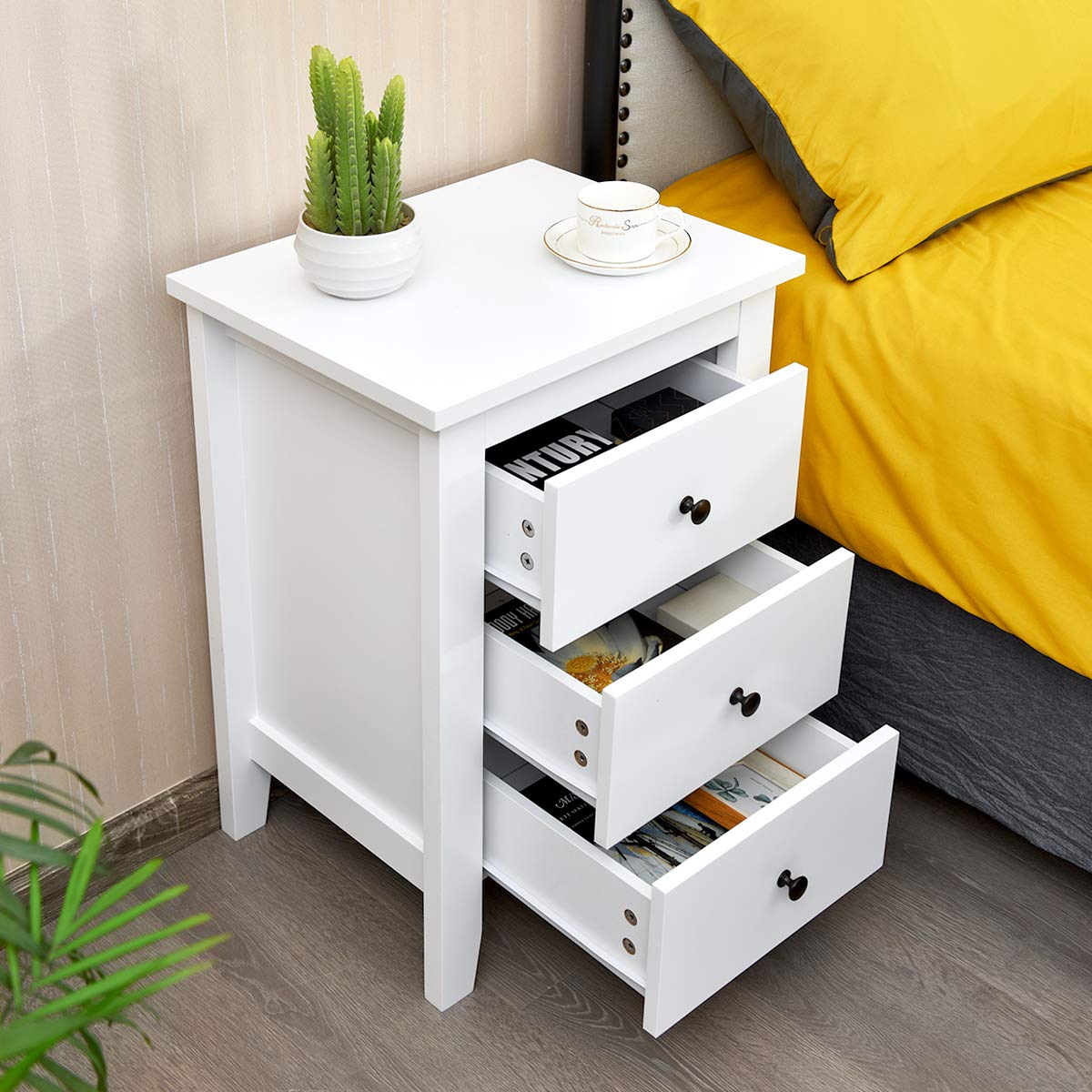 Safeplus 3-Drawer Nightstand - Solid Wood Side Table with Storage for Bedroom, Living Room & Office - White Finish, Compact & Stylish Accent Table for Small Spaces