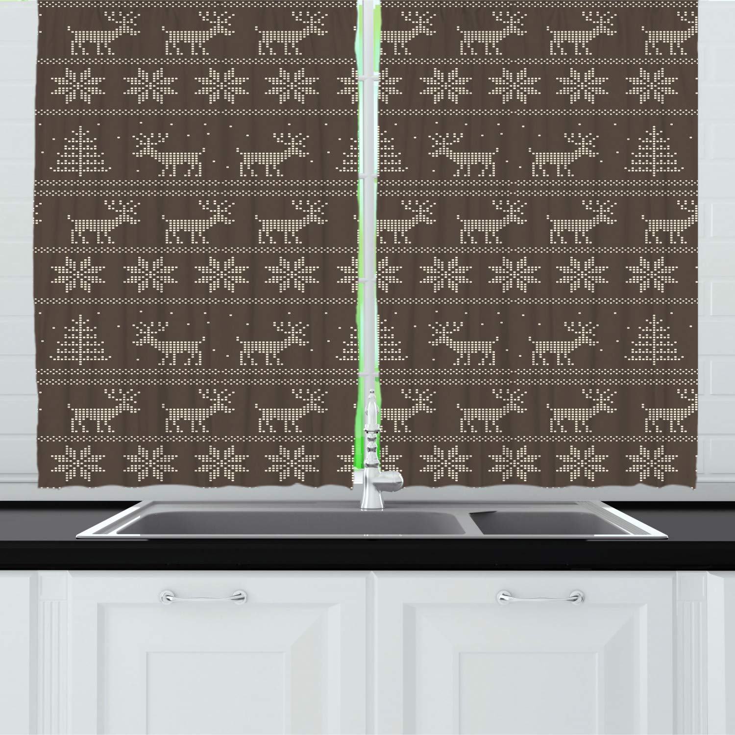 Ambesonne Winter Nordic Deer & Trees Kitchen Curtains - Pixel Art Star Pattern, 55