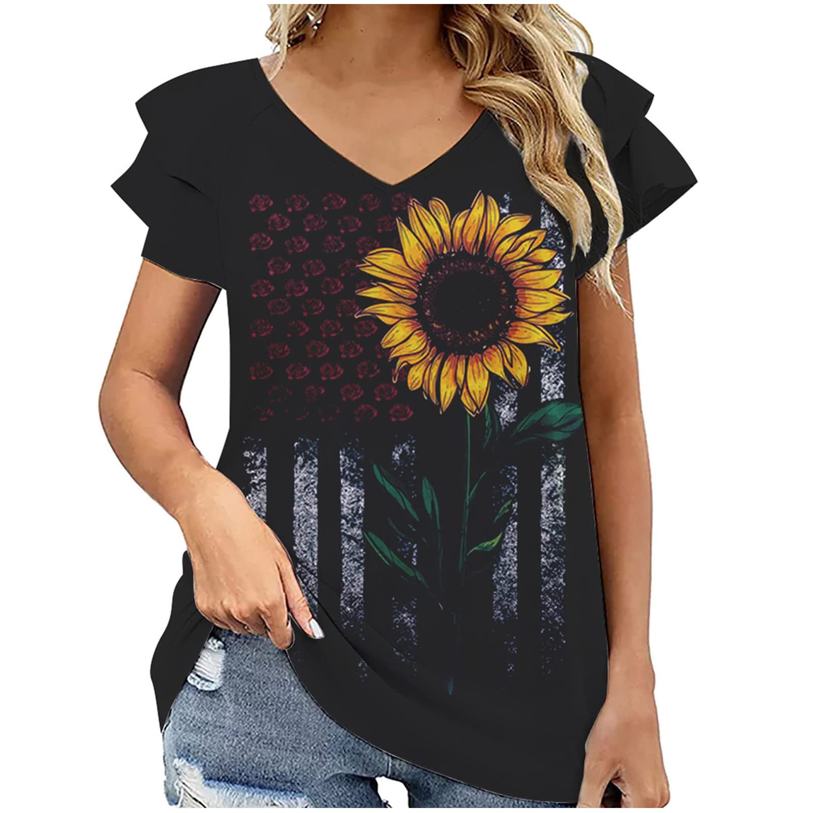 Women's Summer Tops - Ruffle Short Sleeve V-Neck Printed T-Shirts, Casual Trendy Cute Blouse, Loose Fit for Daily Wear, Beach & Vacation Outfits