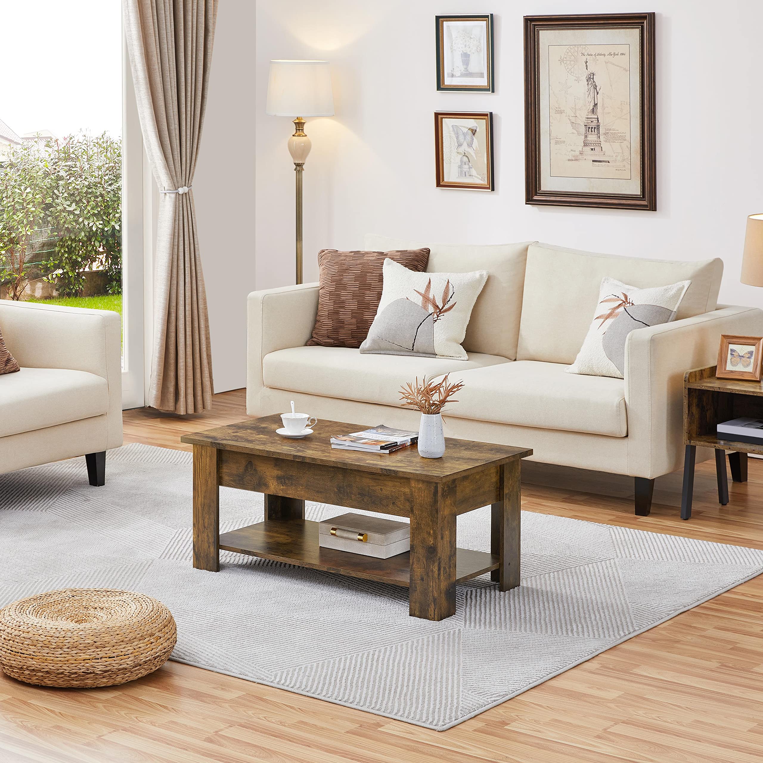Yaheetech Lift Top Coffee Table with Storage, Rustic Brown - Living Room & Office Use