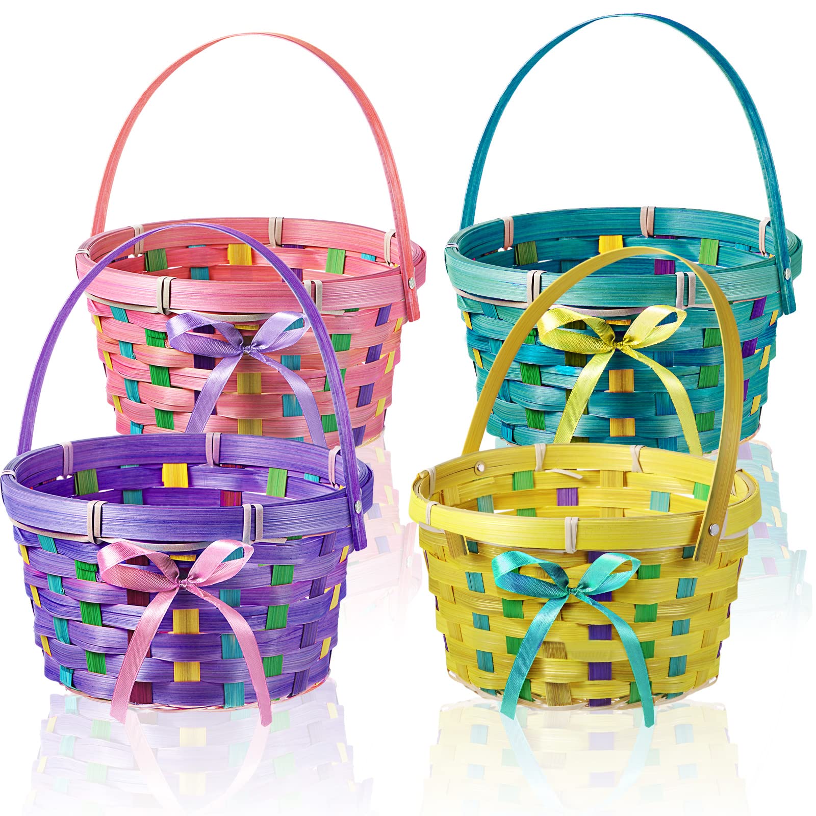 Yulejo Easter Woven Bamboo Basket Set - 4 Piece Round Small Baskets with Handles for Easter Egg Hunt, Picnic, Party Supplies & Birthday Decorations - Perfect for Spring Celebrations, Home Decor and Gift Giving
