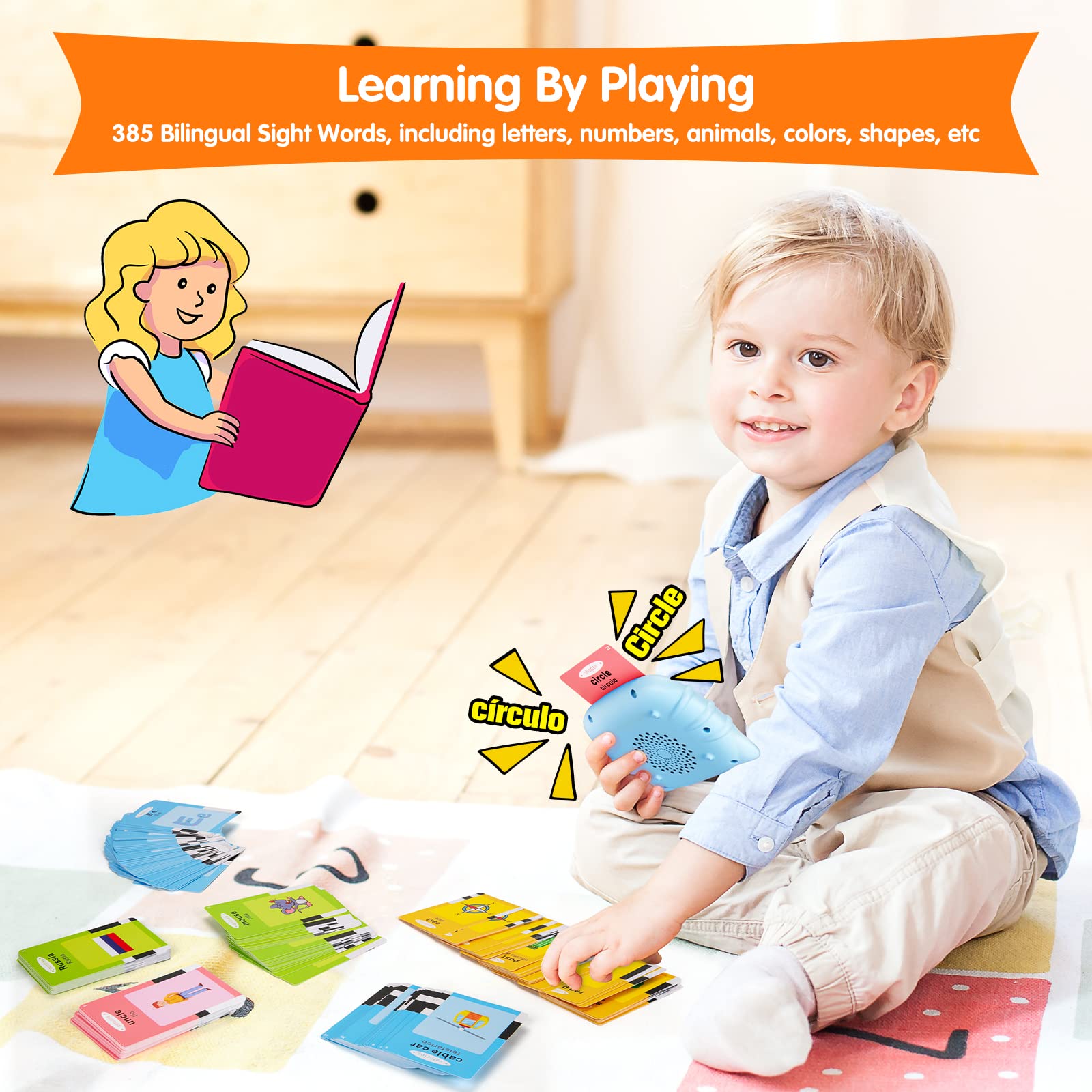 Bilingual Talking Flash Cards - 385 Sight Words (English/Spanish) with Letters & Numbers | Montessori Educational Learning Toys | Speech Therapy & Autism Sensory Toys for Toddlers | Perfect for Homeschooling, Classroom & Early Childhood Development (Blue)
