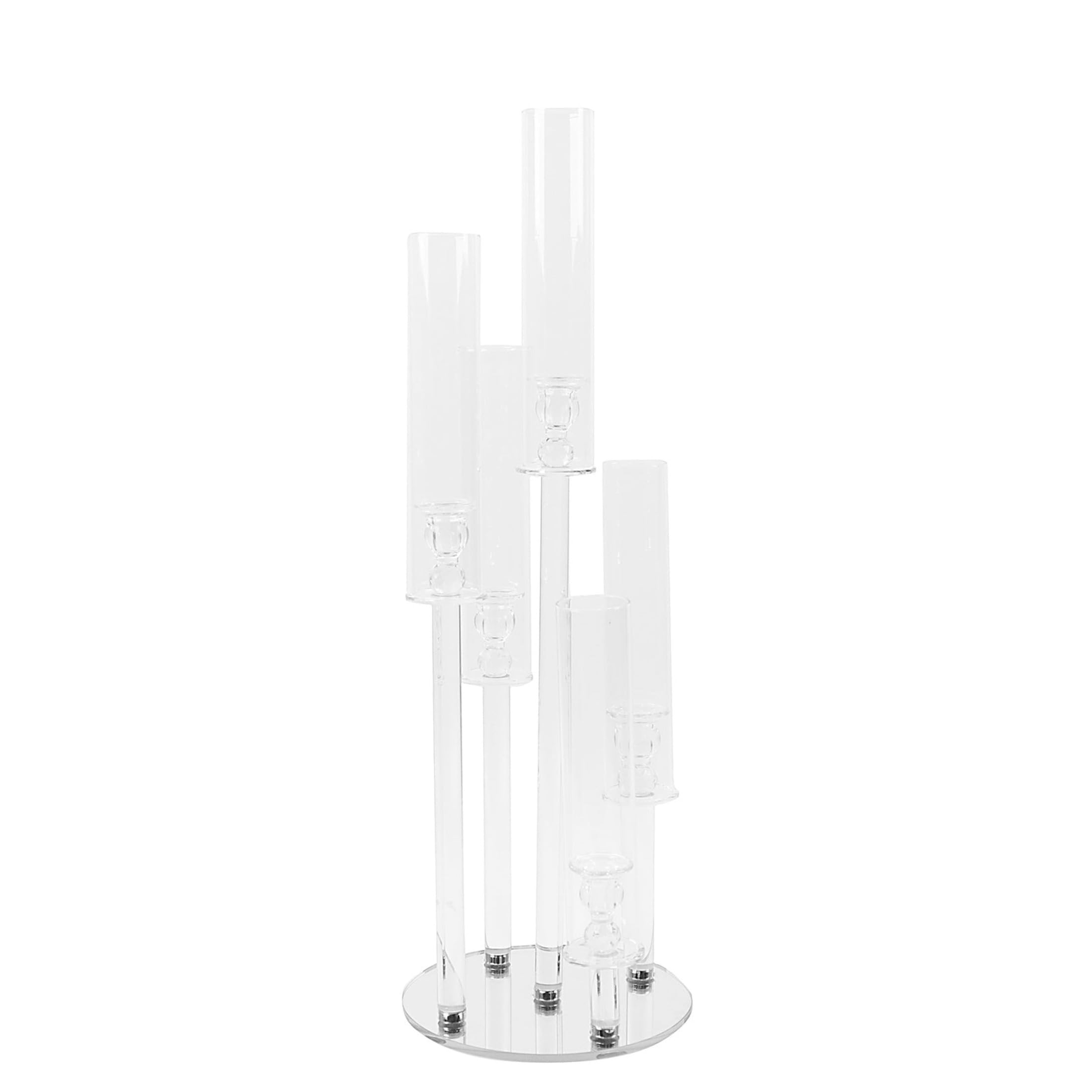 32 Inch Clear 5-Arm Round Crystal Glass Candelabra Taper Candle Holder - Elegant Wedding Centerpiece, Party Reception Decor, Home Dining Table Decoration for Romantic Ambiance & Special Occasions