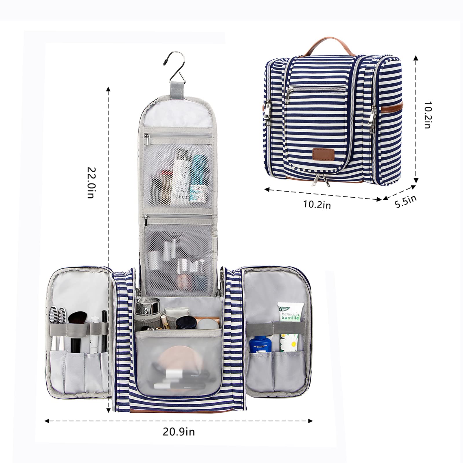 Pearl Angeli Waterproof Hanging Toiletry Bag for Women - Large Travel Cosmetic Organizer with Hooks, Fits Full-Size Bottles - Perfect for Bathroom Storage, Camping & Vacation Travel (Navy Blue)