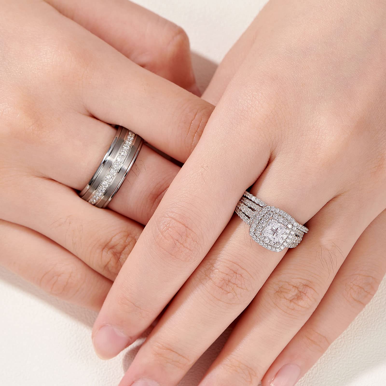 Newshe Premium Wedding Rings Set for Couples - His & Hers Tungsten Bands with 2.3Ct AAAAA CZ Princess Cross, 925 Sterling Silver, Sizes 5-13 | Perfect for Anniversaries, Engagements & Romantic Gifts
