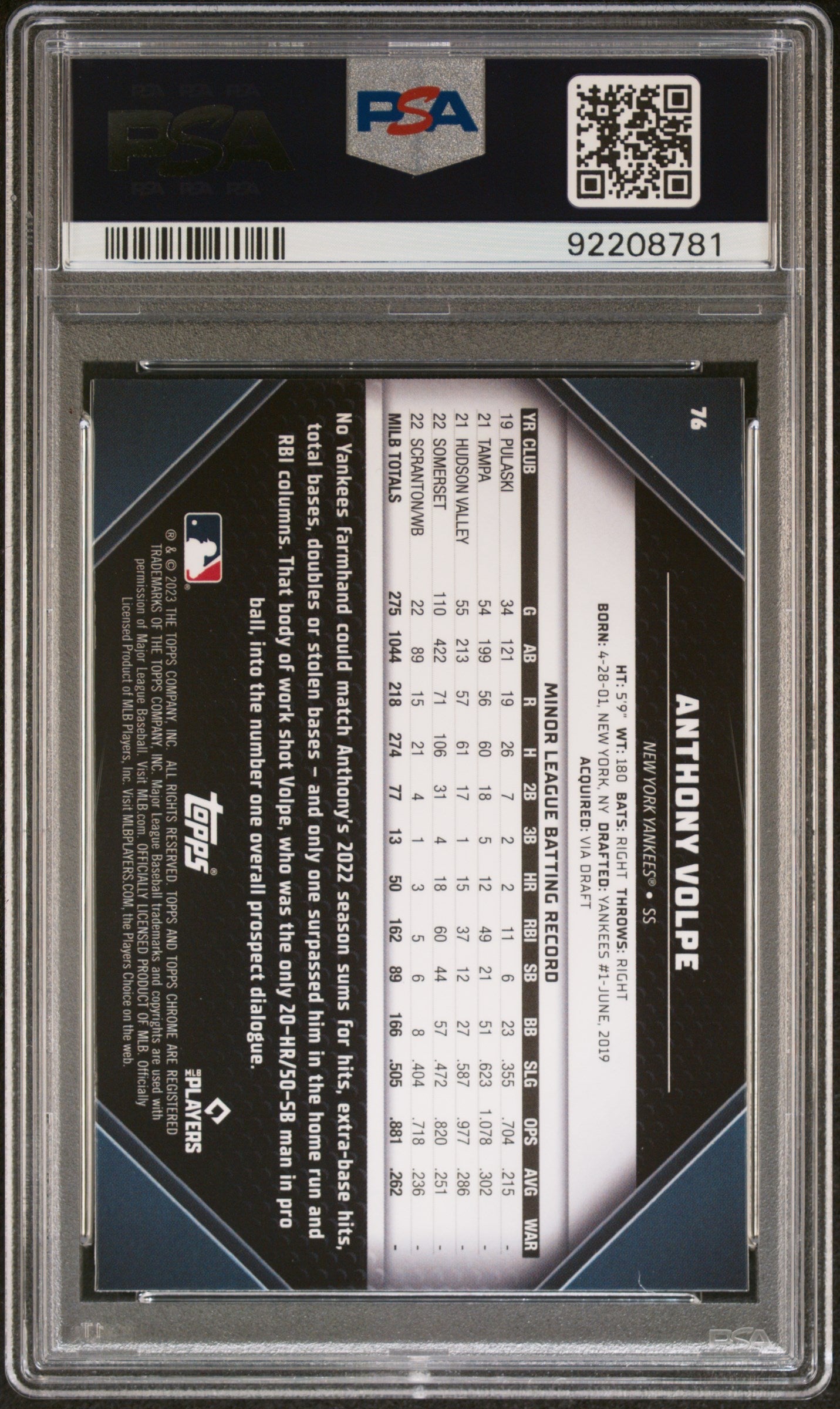 2023 Topps Chrome Black PSA 10 Anthony Volpe Rookie Variation #76 Baseball Card - Perfect for Collectors & Investment, Great for Display & Trading