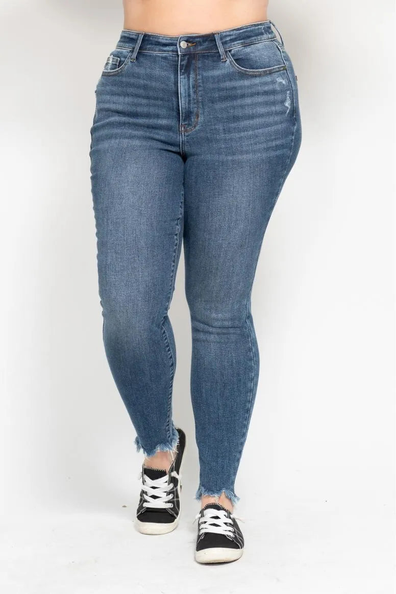 Judy Blue Plus Size High Waist Skinny Jeans with Distressed & Shark Bite Hem - Trendy Women's Denim Pants for Casual Wear & Night Out