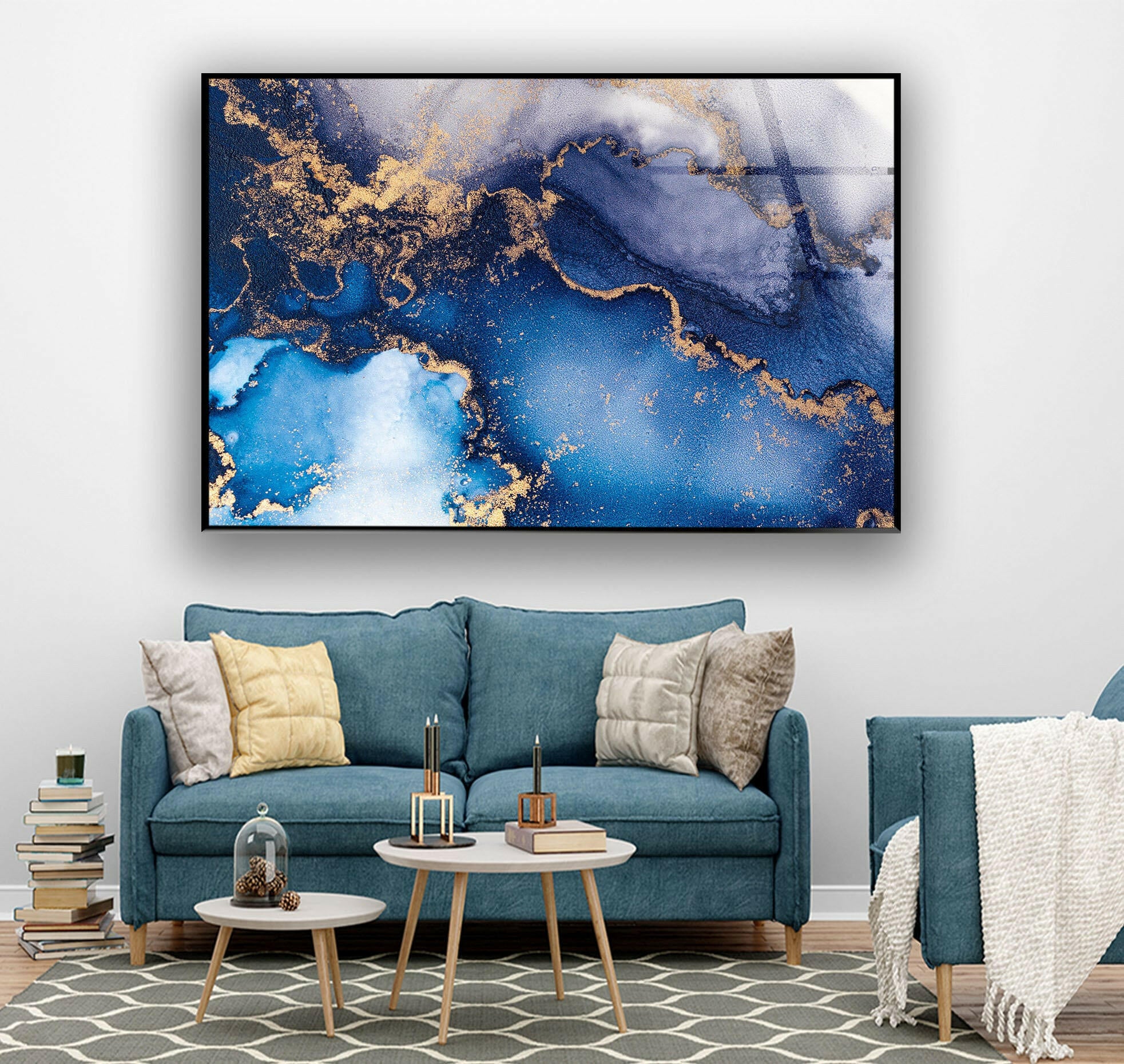 Blue and Gold Alcohol Ink Glass Wall Art - Handmade Modern Abstract Painting for Home & Office Decor - Perfect for Living Room, Bedroom, or Gift