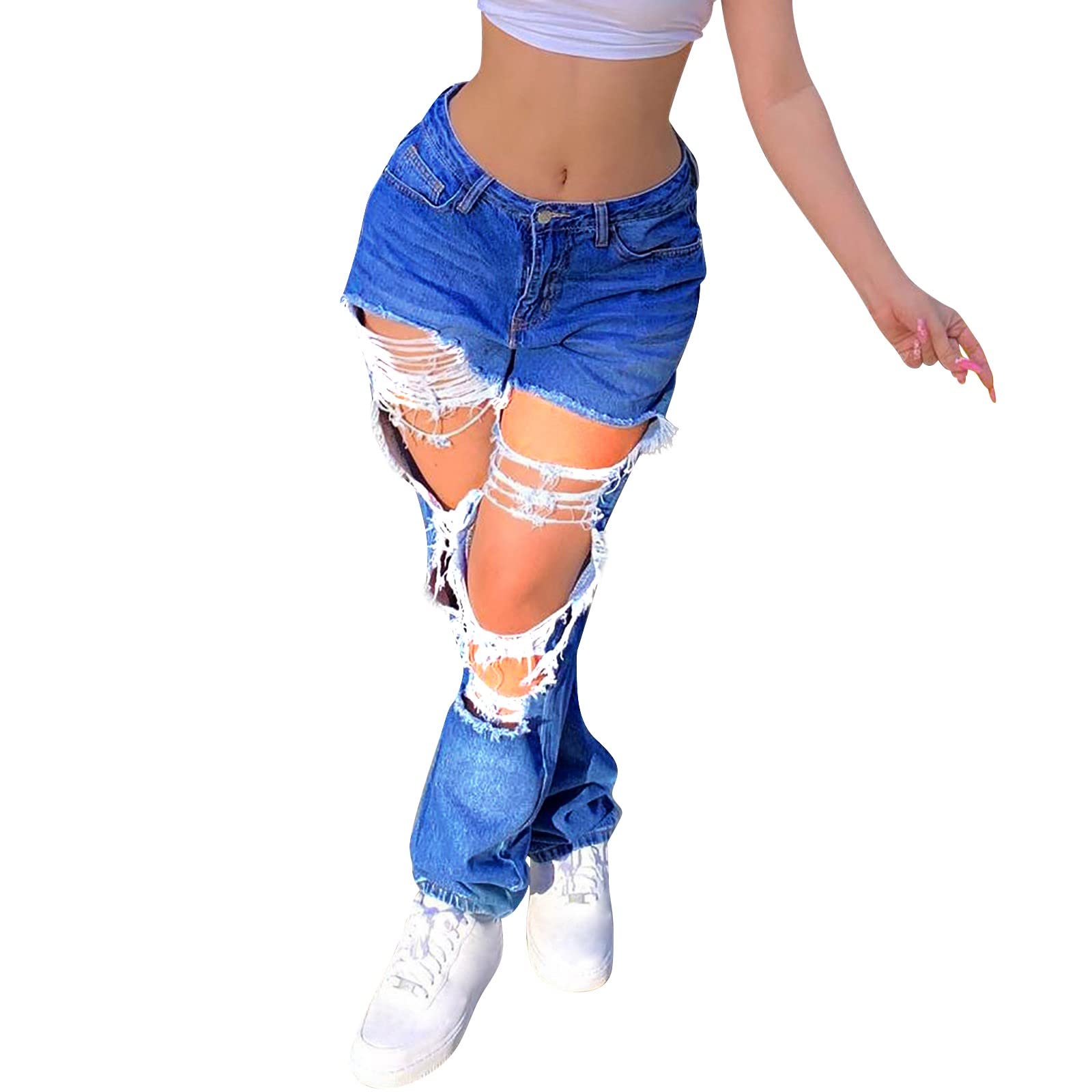 Women's Ripped Boyfriend Jeans - Distressed Denim Wide Leg Pants for Casual Outfits & Streetwear Fashion | Dollhouse Brand