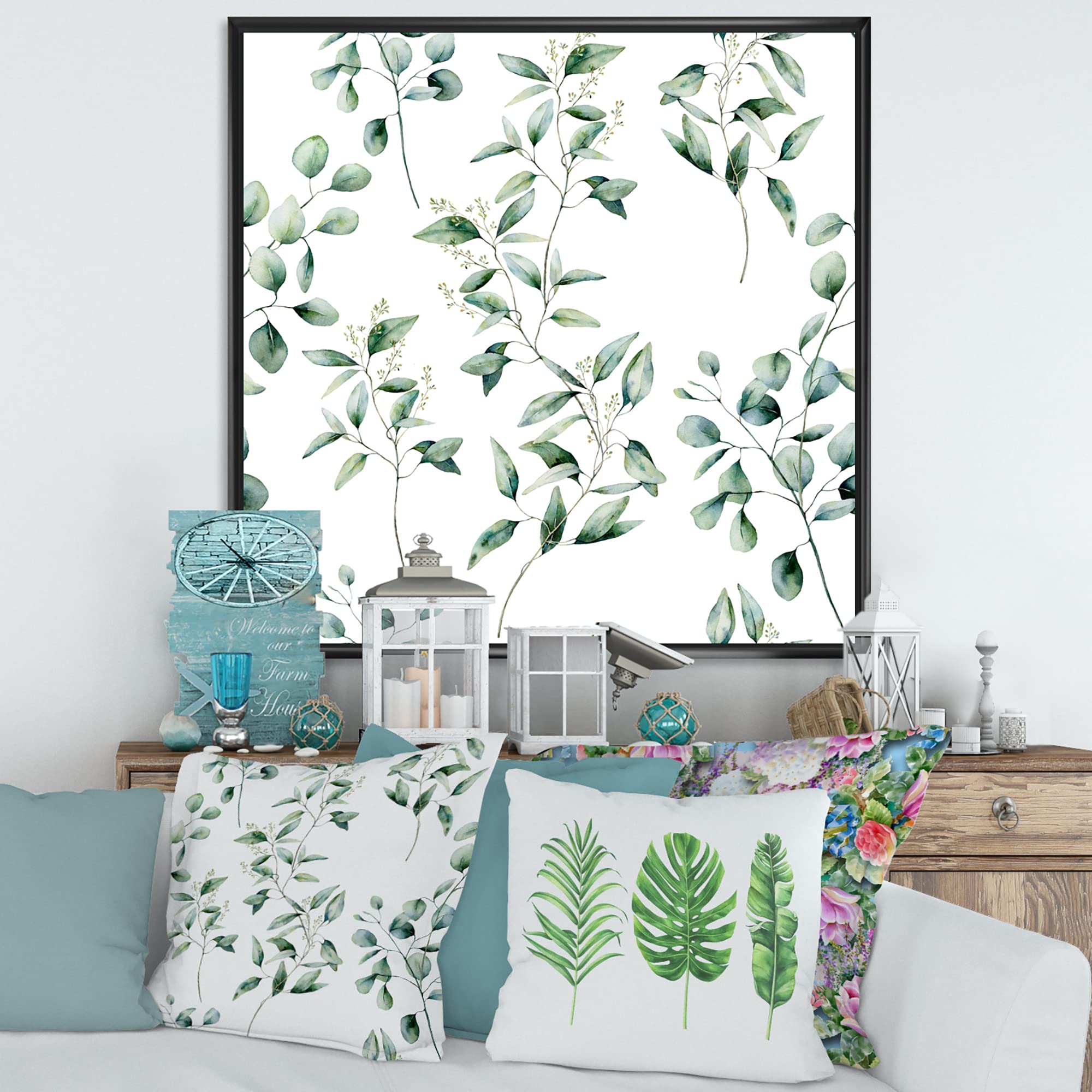 DesignQ Green Eucalyptus Branches IV - Traditional Framed Canvas Wall Art Print | Nature Inspired Home Decor for Living Room, Bedroom & Office