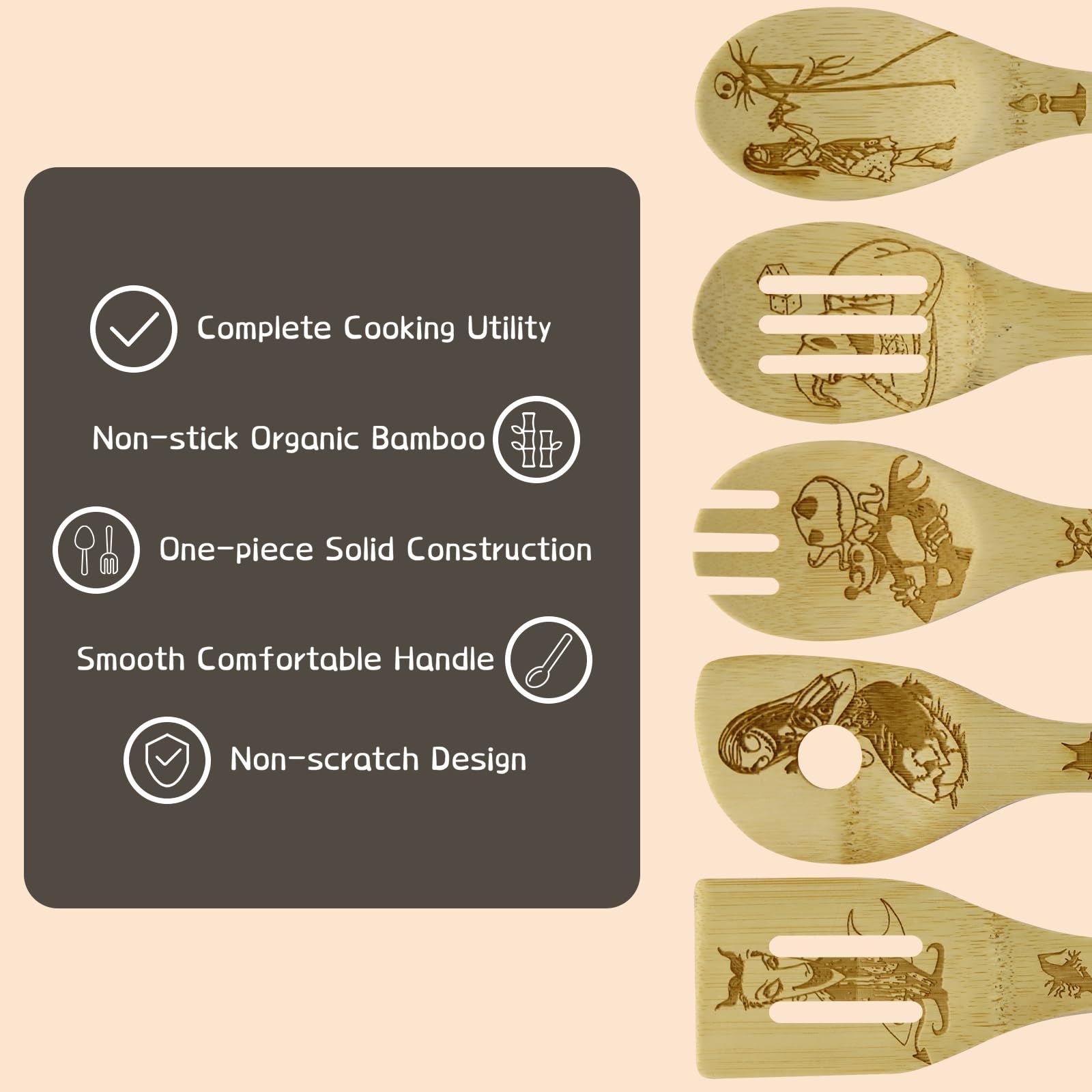Wooden Cooking Utensil Set with Apron, Oven Mitt & Potholder - Perfect Christmas, Mother's Day & Birthday Gift for Women - Kitchen Decor & Halloween Nightmare Theme - Ideal for Baking, Cooking & Home Decor