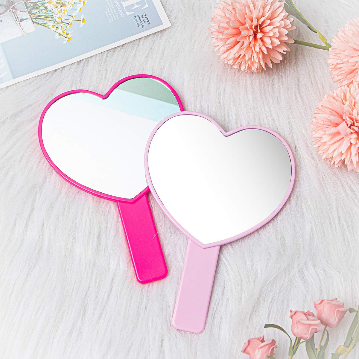 2PCS Heart-Shaped Makeup Hand Mirror - Portable Travel Cosmetic Mirror with Handle for Women & Girls, Perfect for Home, Travel, and Gift Giving (Pink)