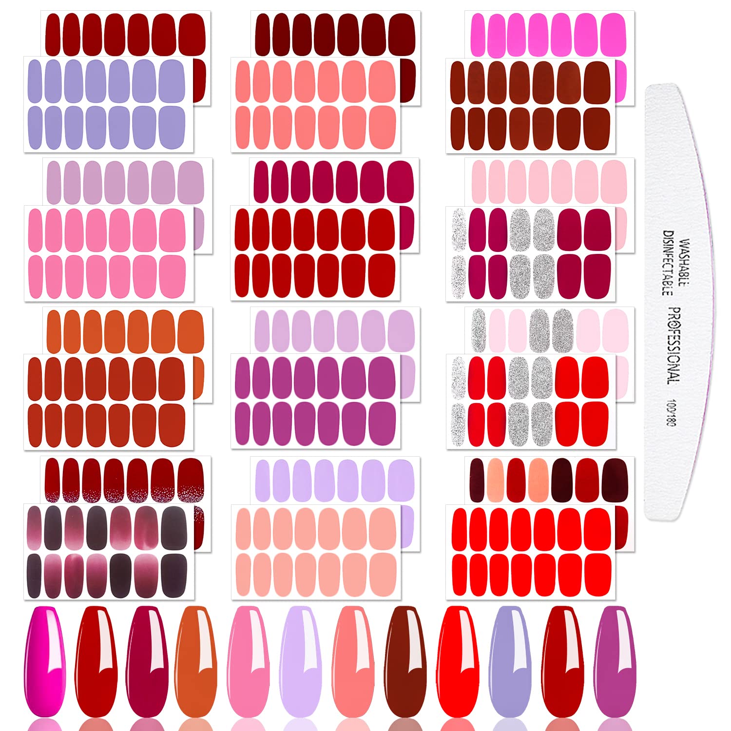 JERCLITY 24 Sheets Warm Tones Glitter Solid Color Nail Polish Strips - Self-Adhesive Nail Decals with Nail File | Gel Nail Wraps Manicure Kit for Women | Perfect for Parties, Weddings & DIY Nail Art at Home
