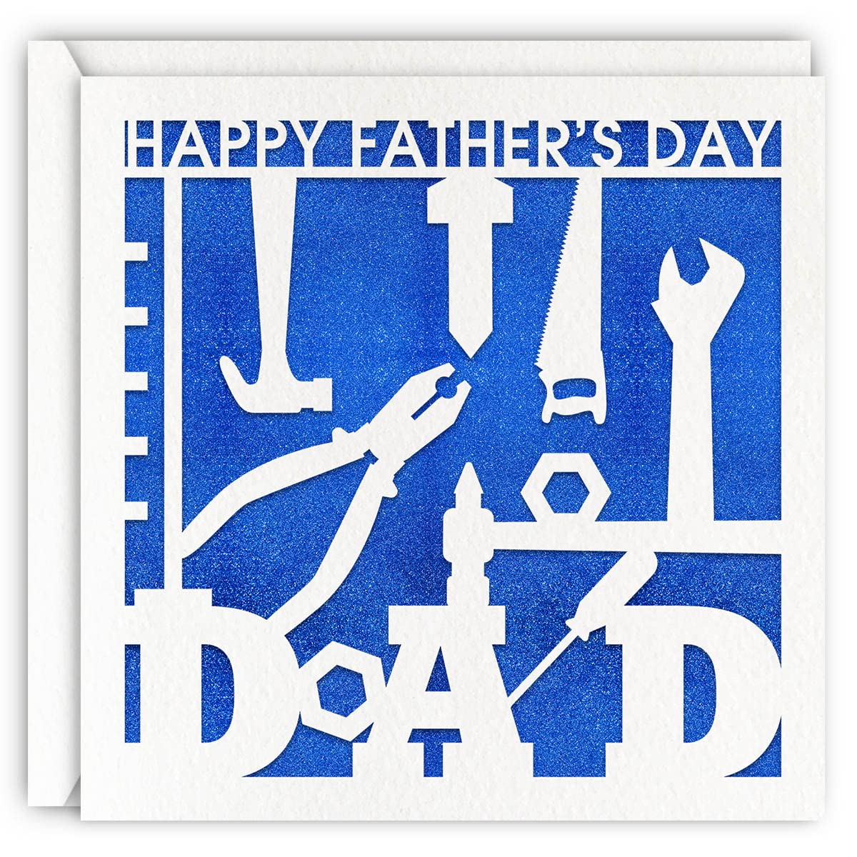Laser Cut Blue Glitter Father's Day Greeting Card - Unique Dad Tools Themed Card for Birthday, Anniversary & Special Occasions | Perfect Gift for Dad, Husband, Grandpa