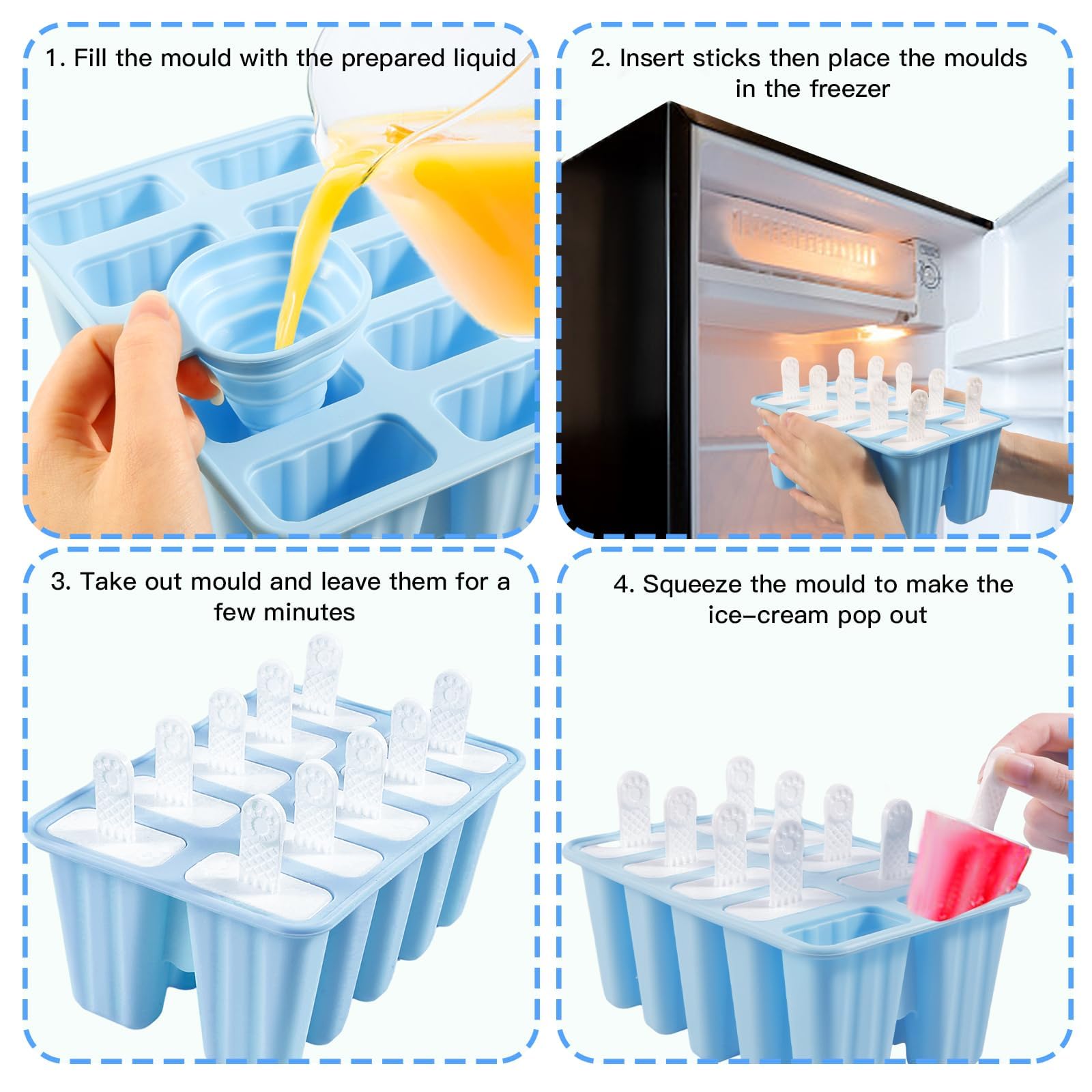 10-Piece BPA-Free Silicone Popsicle Molds with Sticks - Reusable & Easy Release Ice Pop Maker for Homemade Treats - Perfect for Summer Snacks, Kids Parties & Healthy Frozen Desserts (Blue)