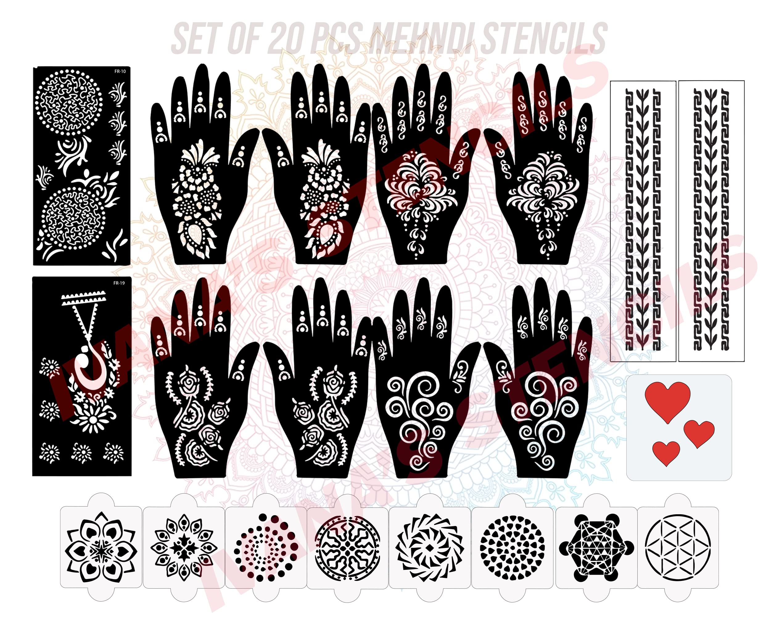 Reusable Henna Stencil Kit - 20 Pcs Mehandi Design Stickers for Hands | Durable & Easy to Use Temporary Tattoo Templates for Women, Girls, Teens & Kids (D-2178) | Perfect for Parties, Weddings & Festive Celebrations