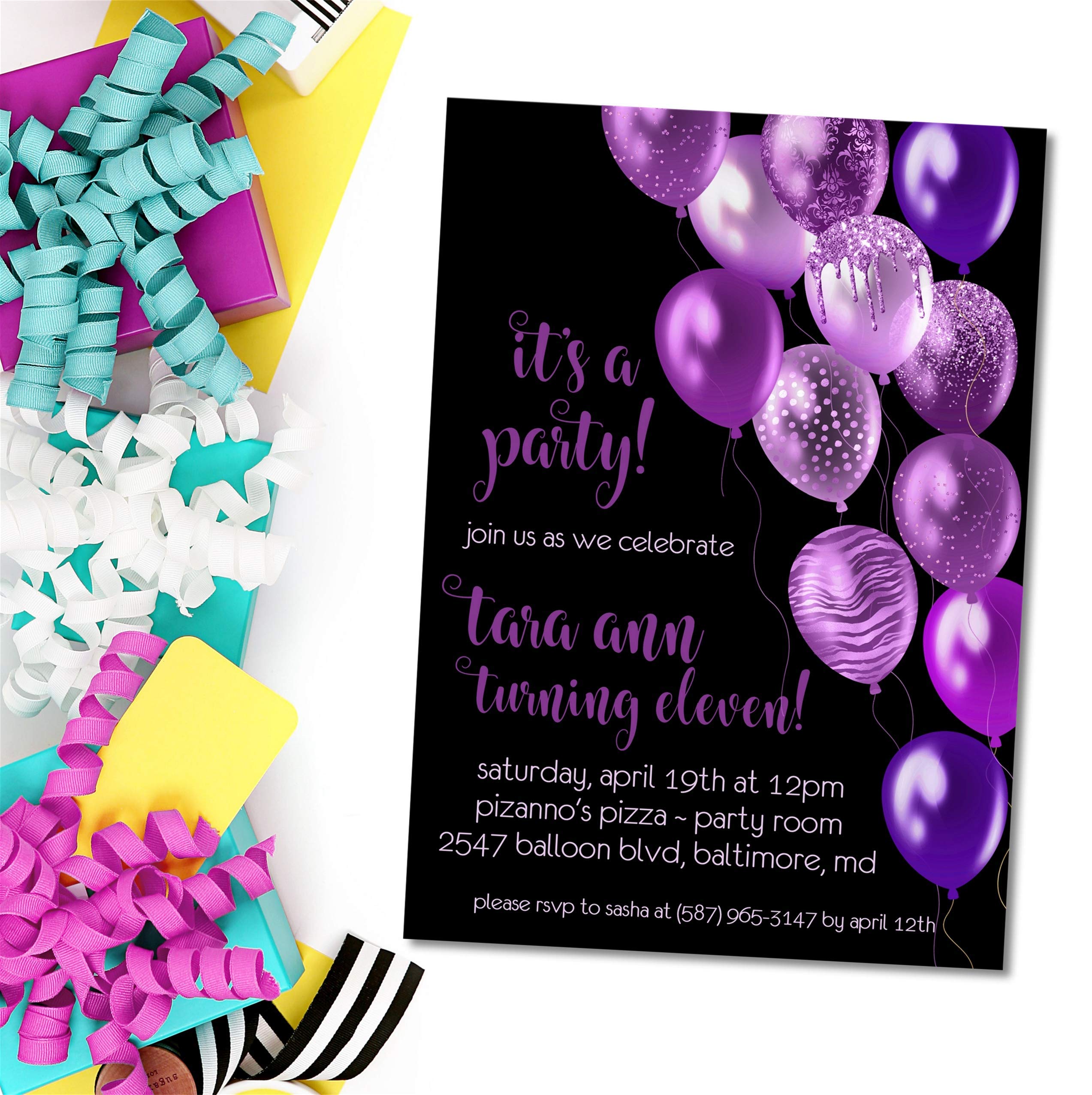 Elegant Purple and Black Birthday Party Invitations with Matching Envelopes - Perfect for Adult Milestone Birthdays, Anniversary Celebrations & Formal Events