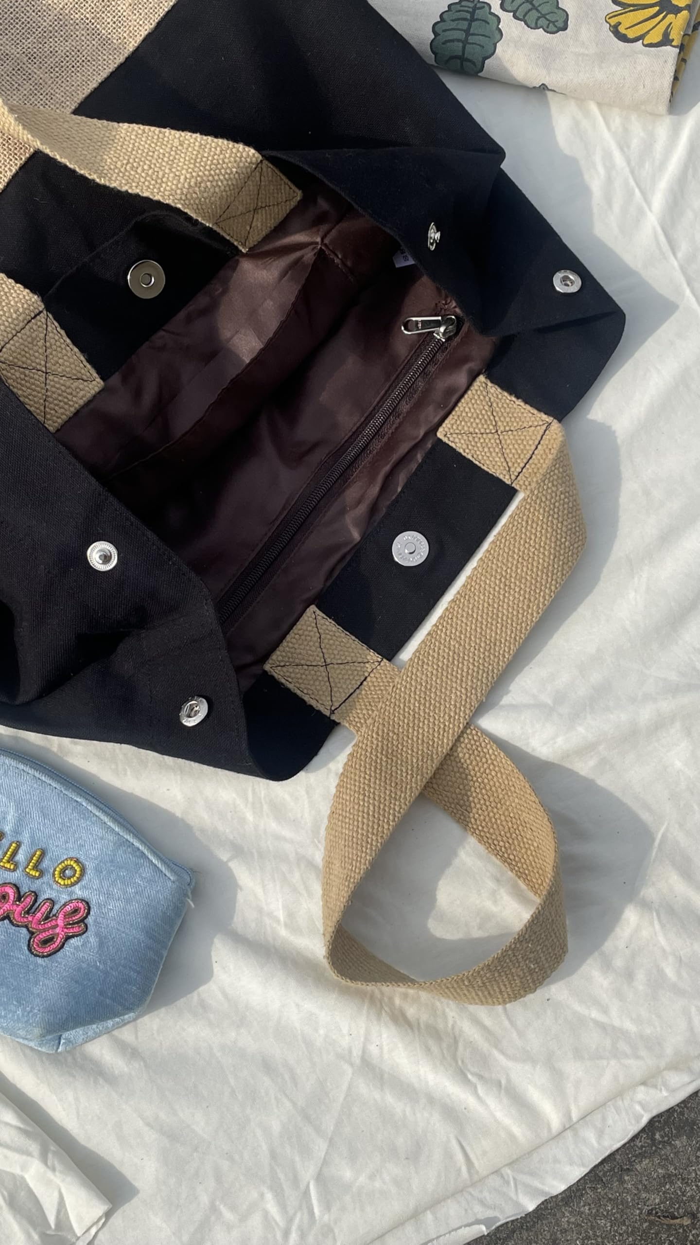 Large Boho Beach Tote Bag with Snap Closure - Jute Canvas Summer Tote with Lining & Zippered Pockets (Black) | Perfect for Beach Trips, Poolside, Travel & Shopping