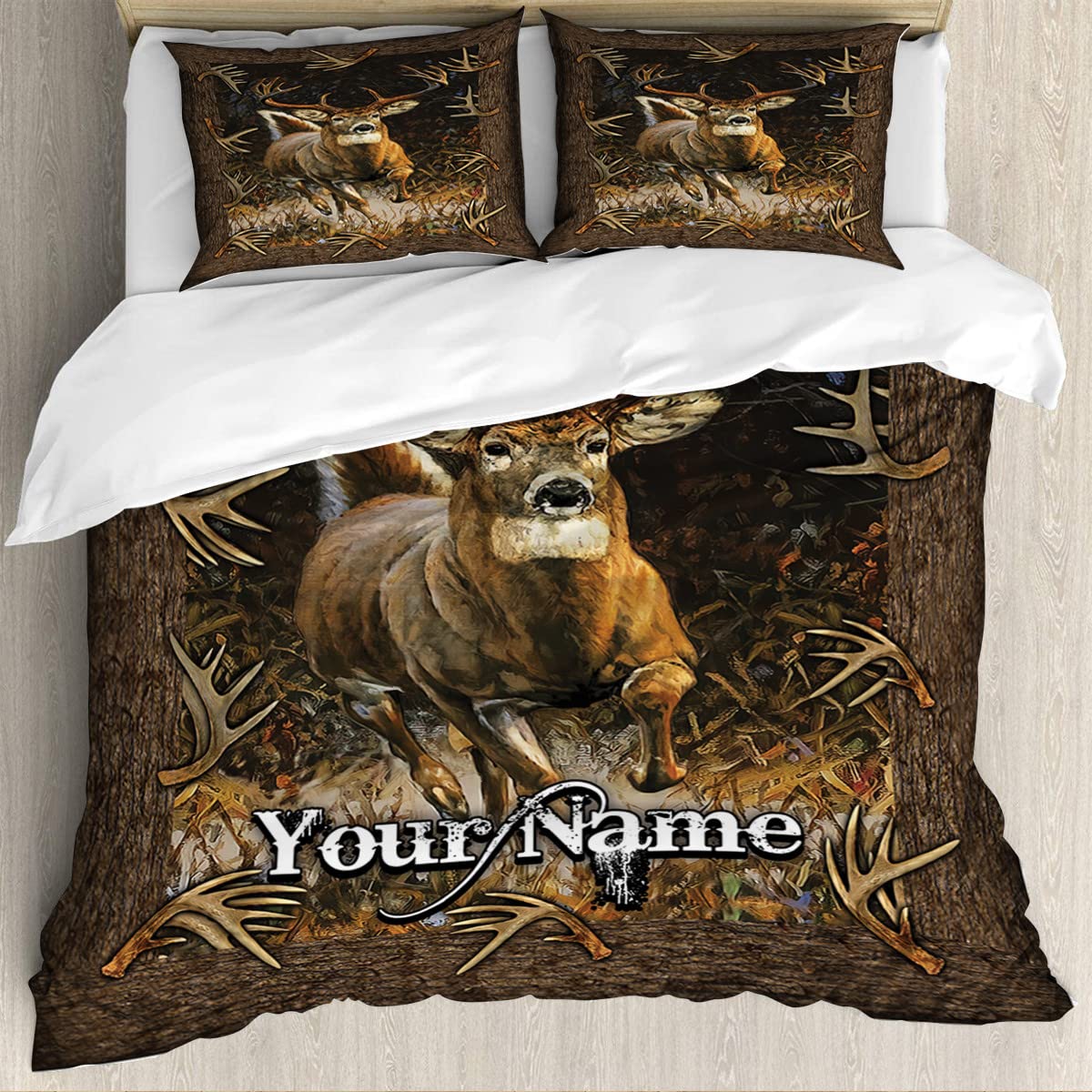 Custom Name Hunting Deer Camo Bedding Set - King/Queen/Twin/Full Size 3-Piece Camouflage Bedding (1 Duvet Cover + 2 Pillowcases) - Perfect for Hunting Enthusiasts' Bedrooms & Cabin Decor