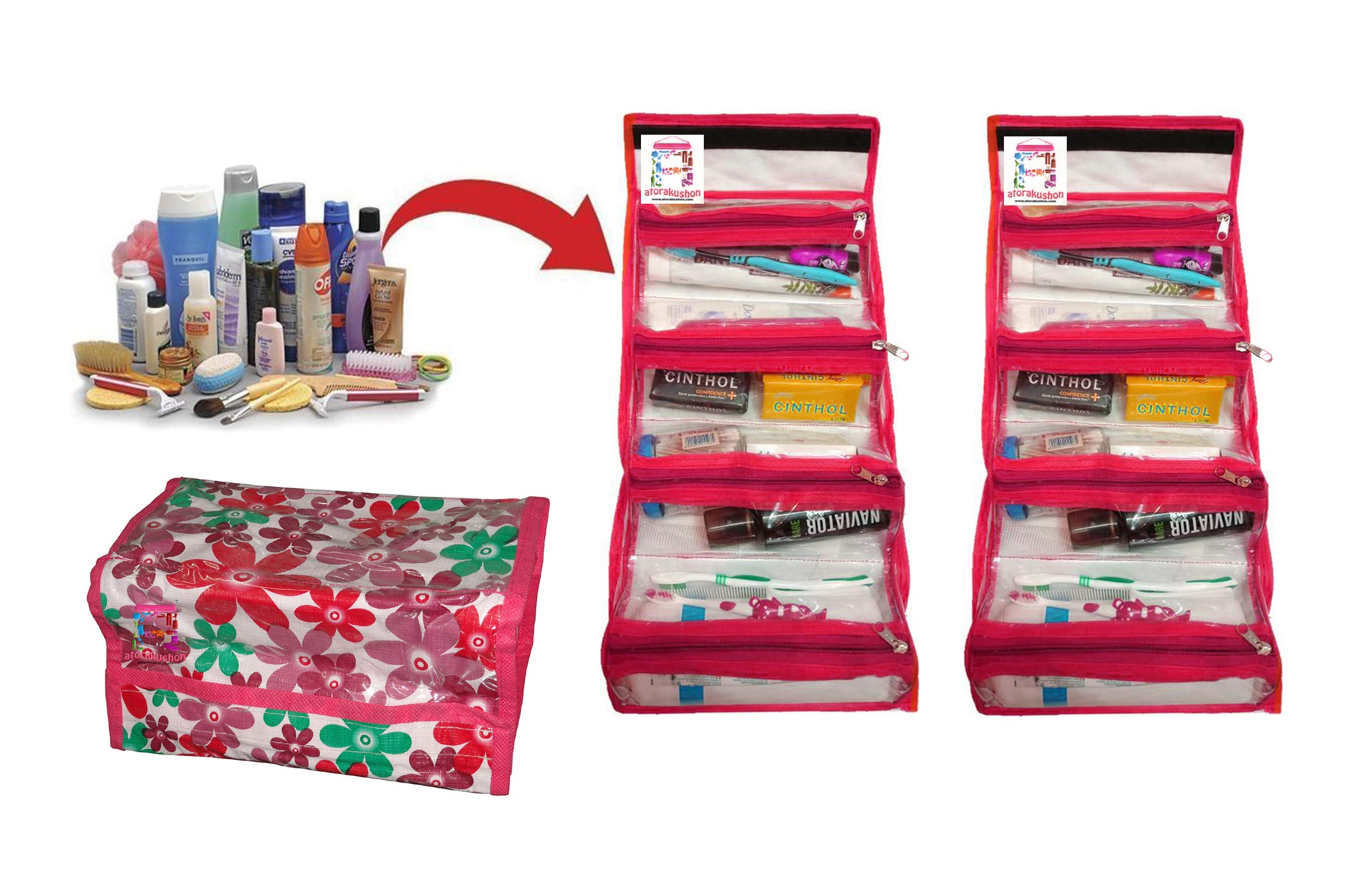 Atorakushon® Pink Fabric Cosmetic Organizer - 2 Pack Waterproof Makeup Bag & Jewelry Pouch for Travel, Gym, Daily Use - Unisex Toiletry Kit for Women & Men