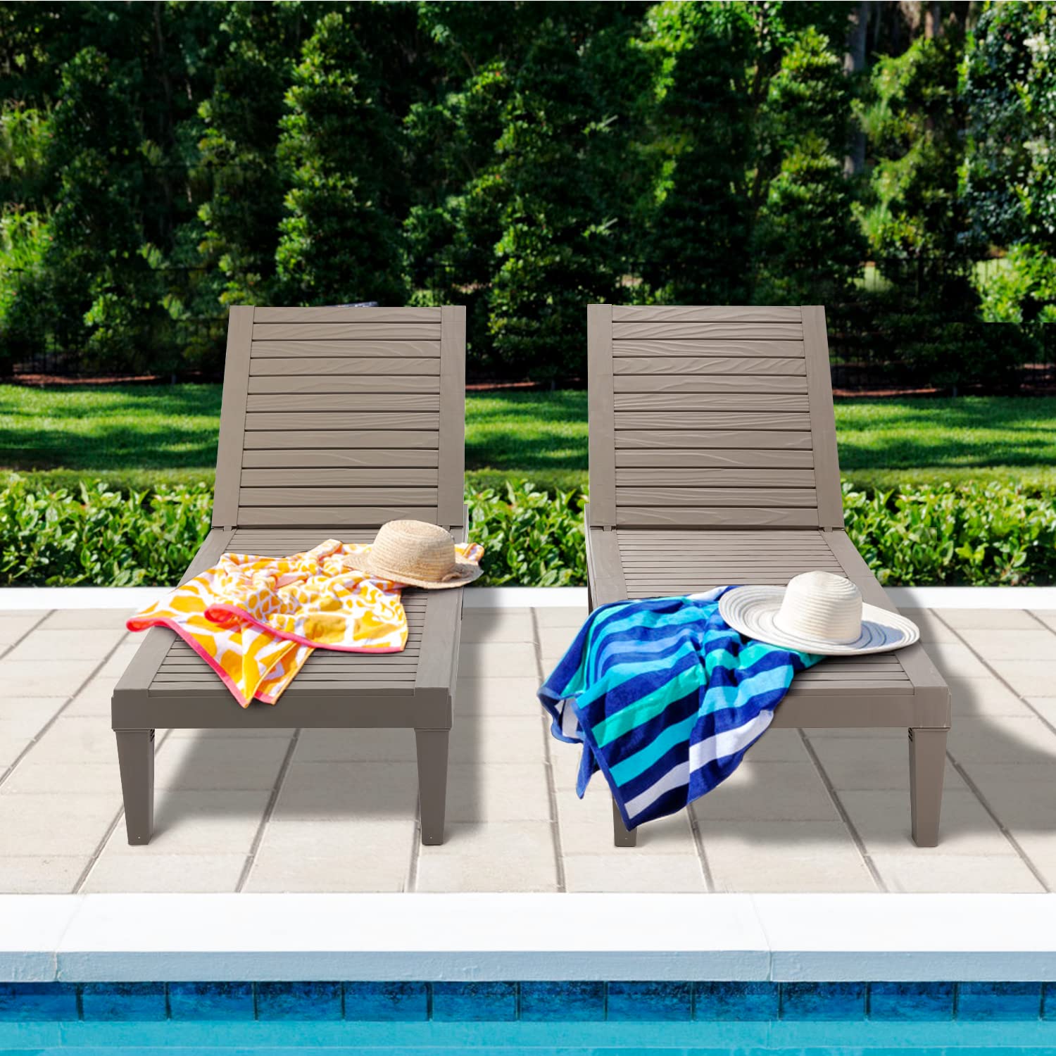EROMMY 2-Pack Outdoor Chaise Lounge Chairs - All-Weather Patio Loungers with 5-Position Adjustable Backrest & Wood Texture Design - Reclining Chairs for Patio, Garden, Beach, Poolside, Balcony - Perfect for Sunbathing, Relaxing and Outdoor Lounging