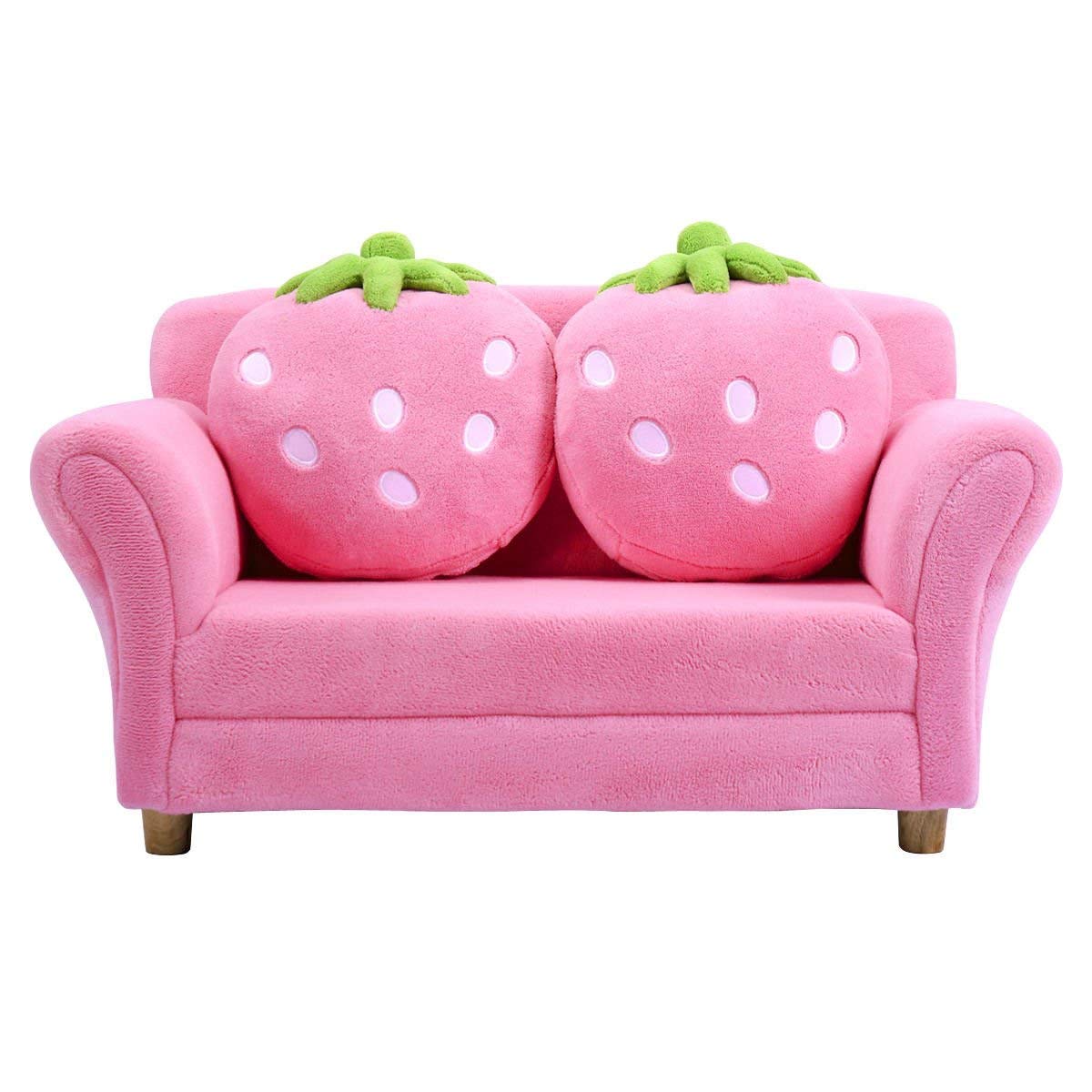 Costzon Kids Double Seat Sofa - Pink Toddler Armrest Chair with 2 Strawberry Pillows, Soft Loveseat for Girls & Boys, Perfect for Bedroom, Living Room & Playroom - Ideal Preschool Gift & Cozy Reading Nook