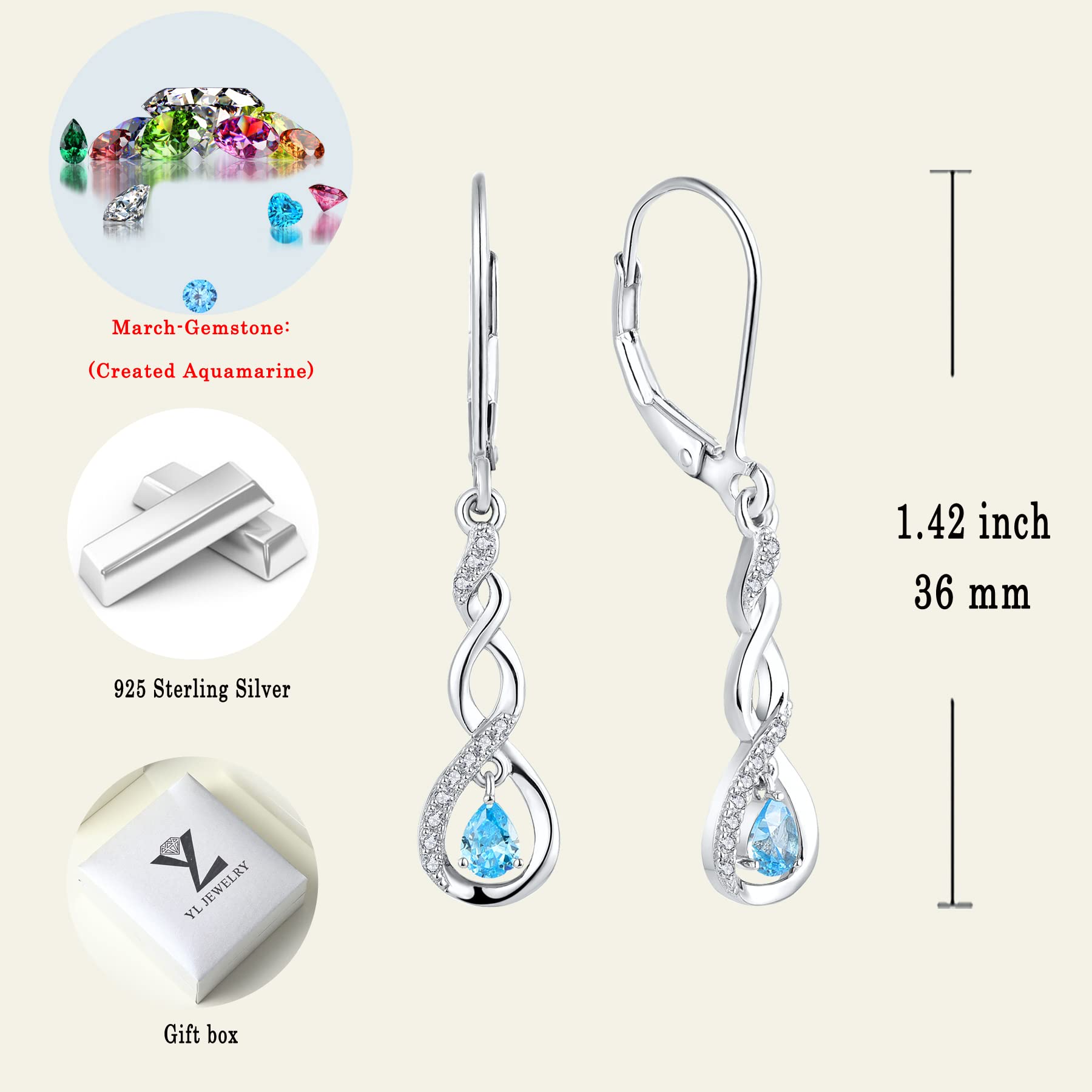 YL Infinity Leverback Drop Earrings - 925 Sterling Silver Dangle Birthstone Jewelry for Women | Perfect for Weddings, Parties & Everyday Wear
