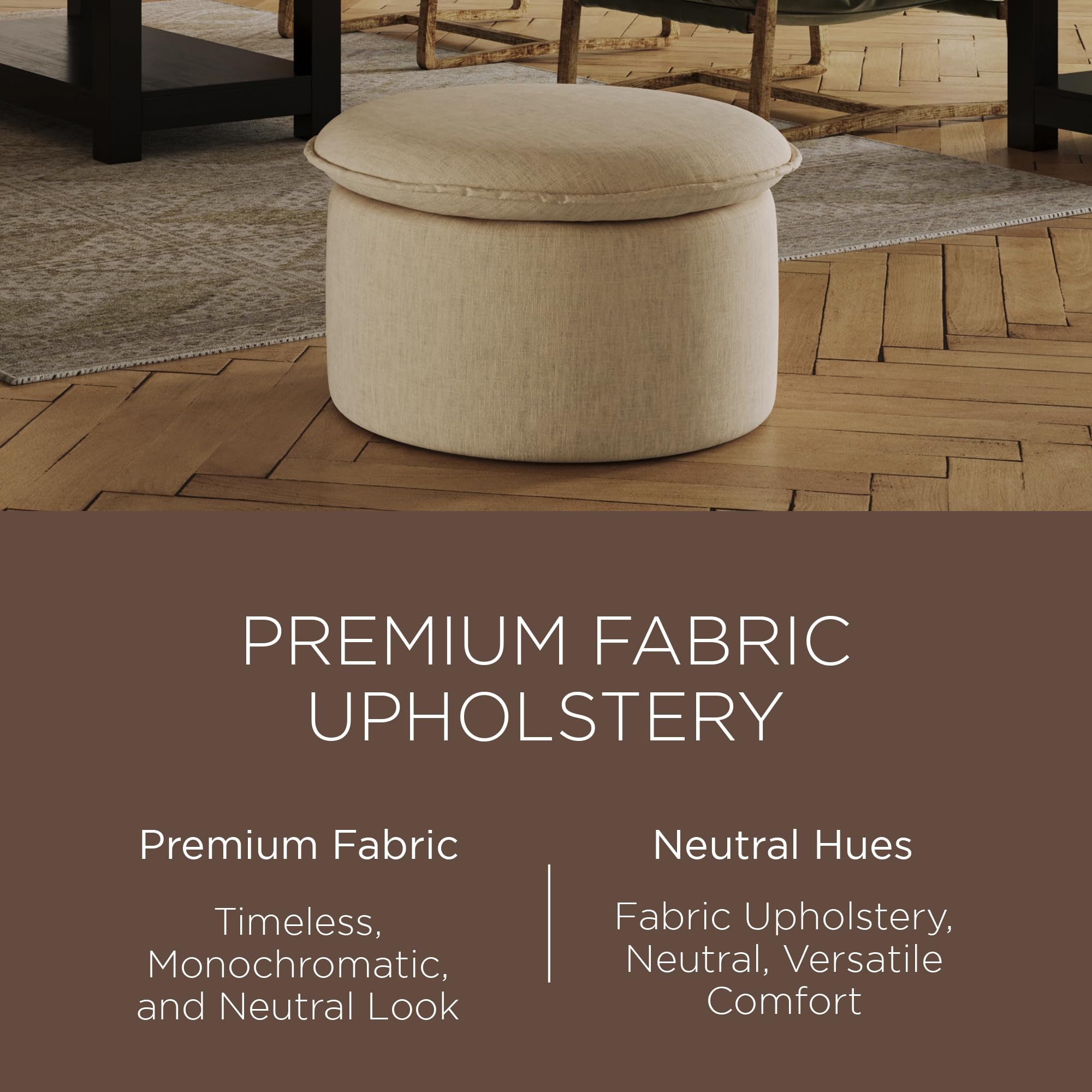Maven Lane Lyra Contemporary Large Round Upholstered Ottoman with Cushion - Taupe Fabric Footrest for Living Room, Bedroom, Dorm | Perfect for Extra Seating, Footrest, Coffee Table & Home Decor