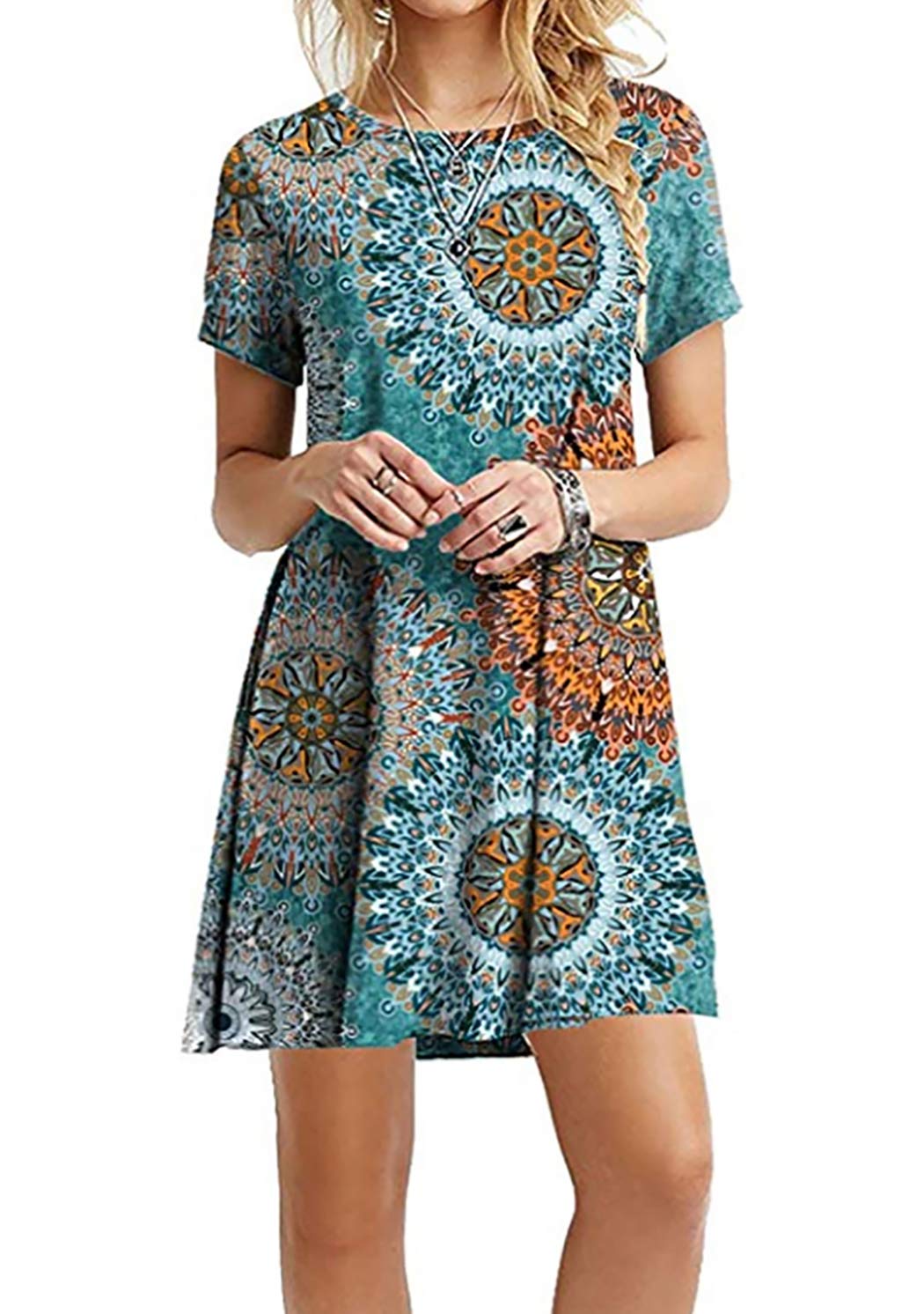 OMZIN Women's Floral Print Short Sleeve Mini Dress - Round Neck Casual Sundress for Summer, Plus Size 1X-5X | Perfect for Beach Vacations, Date Nights & Brunch Outings