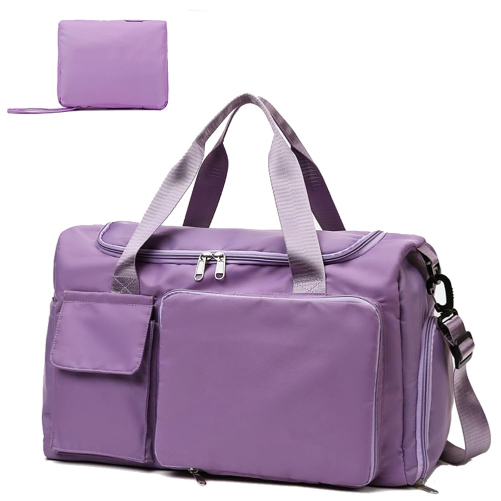 HYCOPROT Foldable Waterproof Gym Bag for Men & Women - Large Capacity Sports Duffel Bag with Shoe Compartment - Ideal for Gym, Travel, Workout & Weekend Trips - Purple