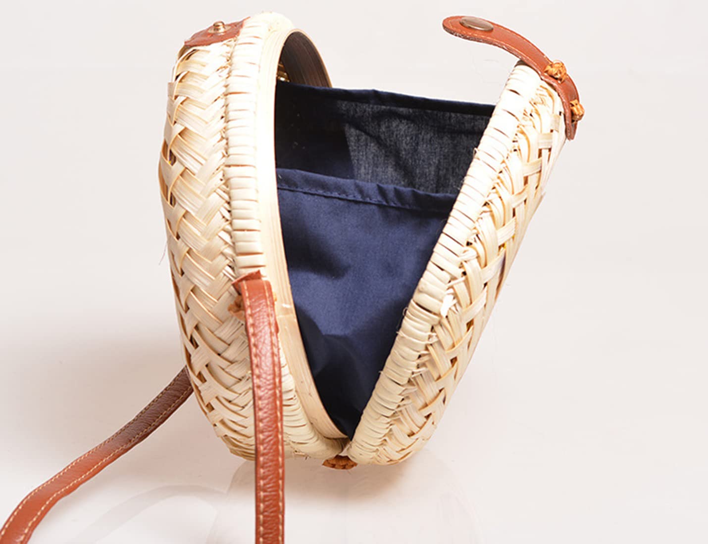 Eco-Friendly Handwoven Round Bamboo Shoulder Bag - Natural Chic Beach Tote with Leather Strap | Perfect for Summer Vacations, Beach Outings & Boho Fashion