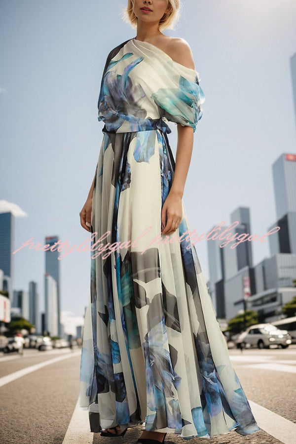 Bohemian One Shoulder Maxi Dress with Unique Print - Flowy Short Sleeve Summer Beach Dress for Women | Perfect for Vacations, Music Festivals & Boho Chic Outfits