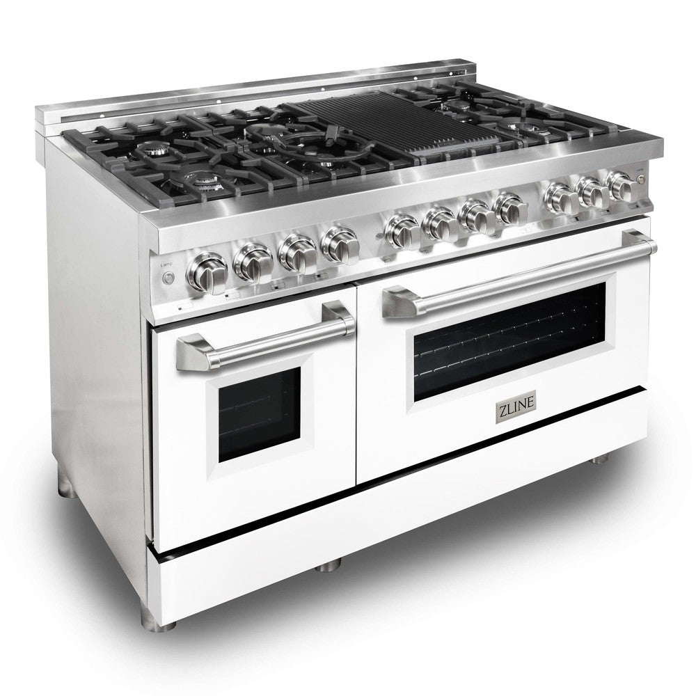 ZLINE 48-Inch 6.0 cu.ft Stainless Steel Dual Fuel Range - 7 Burner Gas Cooktop & 2 Electric Ovens with White Matte Doors (RA WM 48) - Perfect for Modern Kitchens, Home Chefs & Professional Cooking