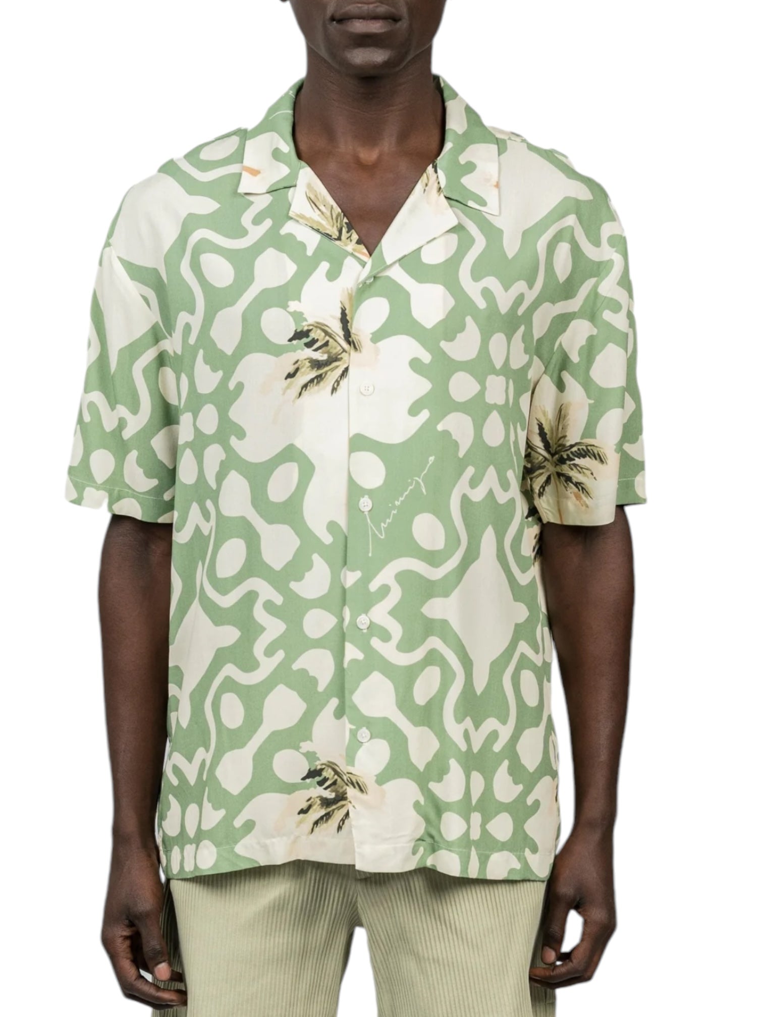 Inimigo ISH3525 Men's Casual Short Sleeve Palm Print Shirt - Breathable Summer T-Shirt for Beach, Vacation & Outdoor Activities