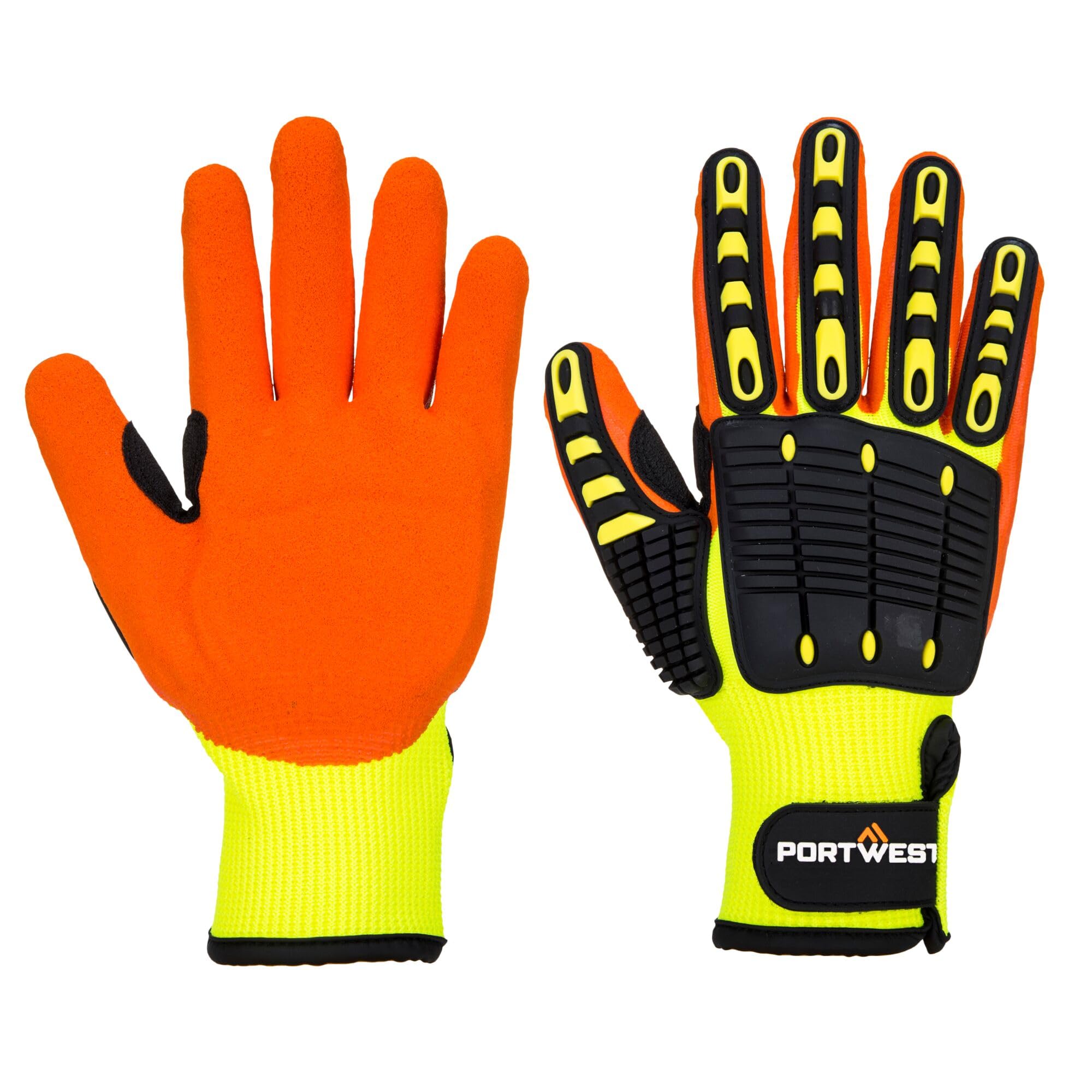 Portwest A721 Anti-Impact Safety Work Gloves - Lightweight Nitrile Coated with Shock Absorption for Construction, Warehouse & DIY Projects - Yellow/Orange Protective Gloves for Hand Safety