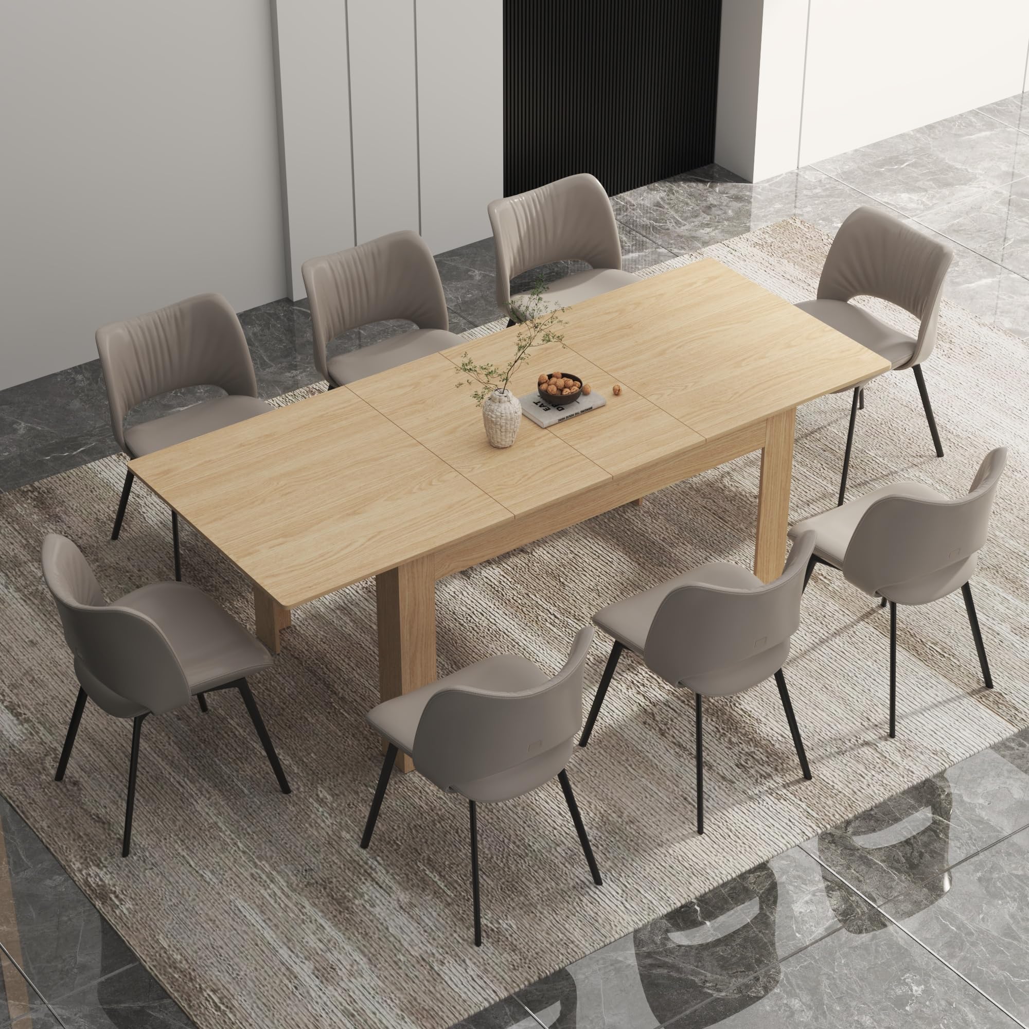 Expandable Wooden Dining Table for 6-10 People - Modern Extendable Kitchen Table for Small Spaces - Perfect for Family Gatherings, Dinner Parties & Home Office Use (Natural Finish)