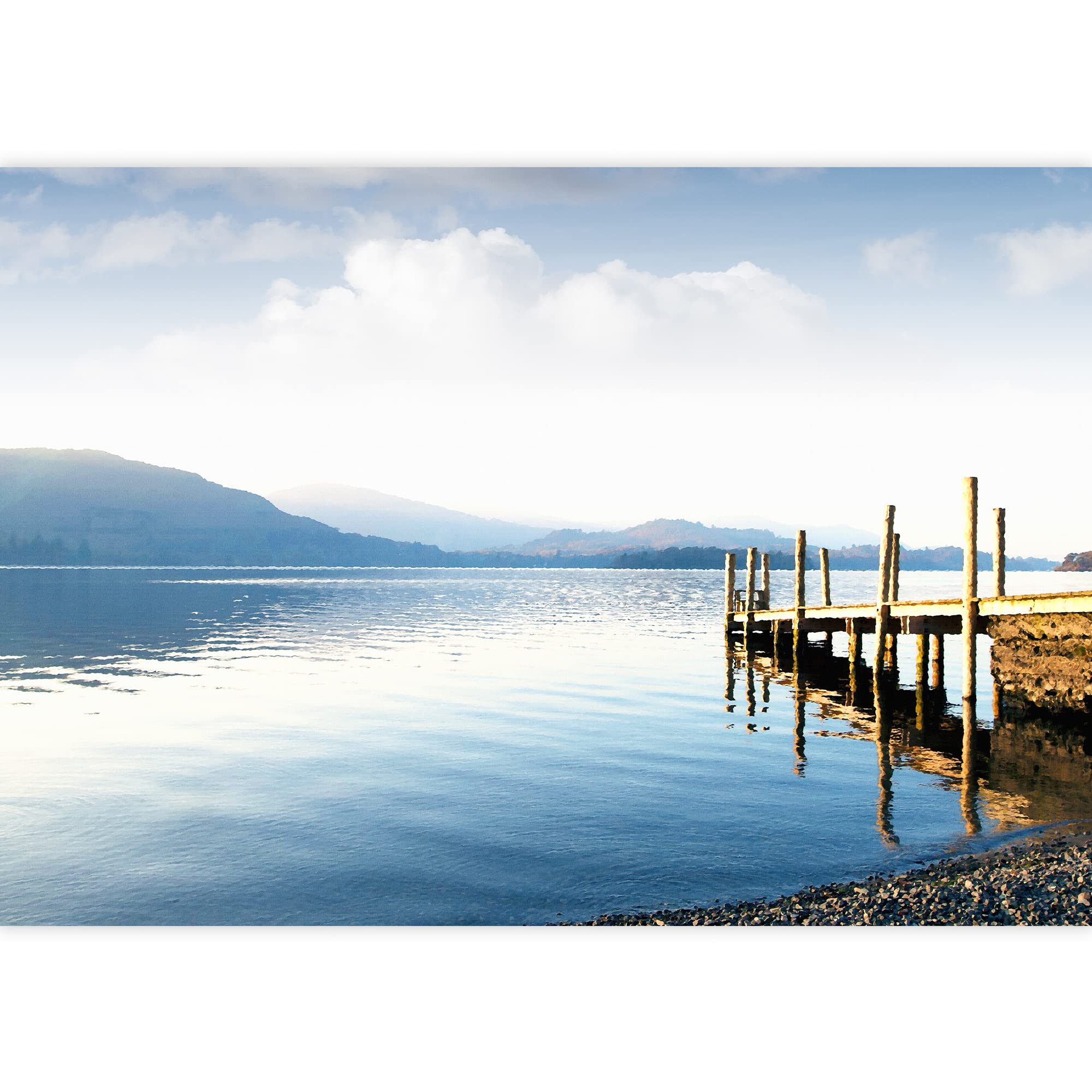Wall26 - Large Self-Adhesive Vinyl Wallpaper Mural | Oil Painting Style Landscape with Wood Pier & Peaceful Lake - Removable Modern Wall Decor (66x96 inches) - Perfect for Living Room, Bedroom, or Office Decoration
