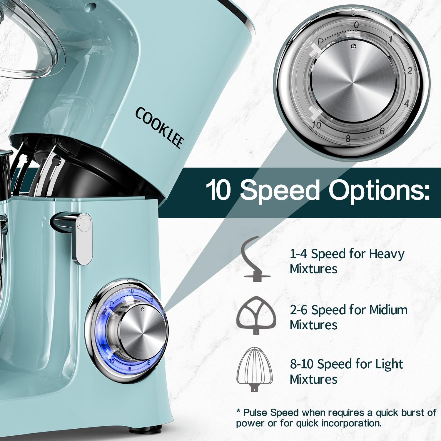 COOKLEE 9.5 Qt 660W 10-Speed Stand Mixer with Dough Hook, Flat Beater & Wire Whip - Dishwasher Safe Attachments - Perfect for Baking Cakes, Cookies, Bread & Dough - Home Kitchen Mixing Machine (Blue)