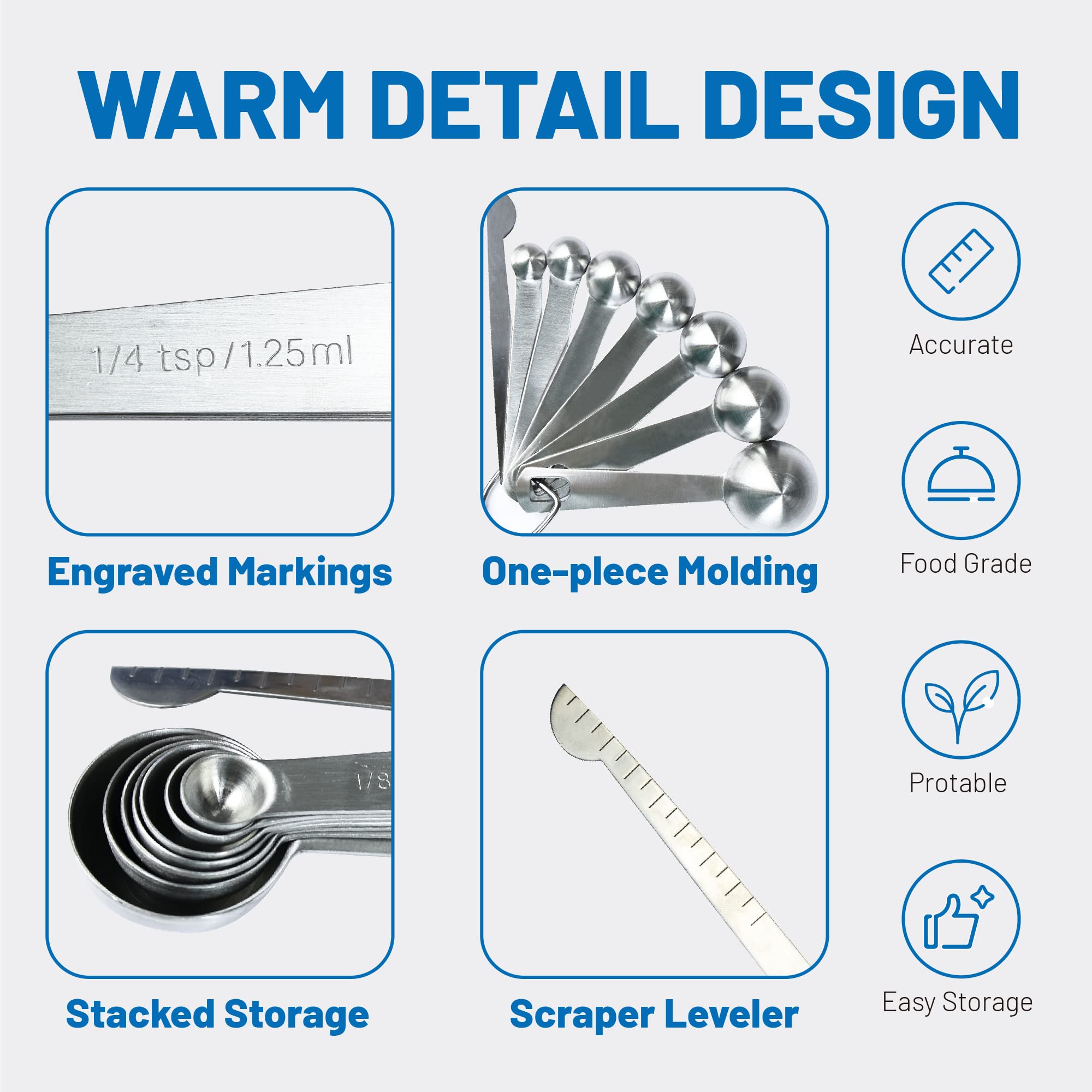 8-Piece Stainless Steel Measuring Spoons Set - Heavy Duty 18/8 Steel with Metric & US Measurements - Tablespoon & Teaspoon for Dry/Liquid Ingredients - Perfect for Baking, Cooking & Meal Prep
