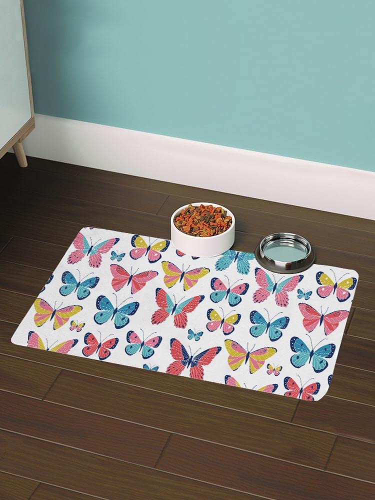 Smartprints Butterfly Pattern Non-Slip Pet Feeding Mat - Waterproof Rectangle Dog Cat Food Bowl Placemat for Kitchen Floor, Dining Area & Outdoor Use