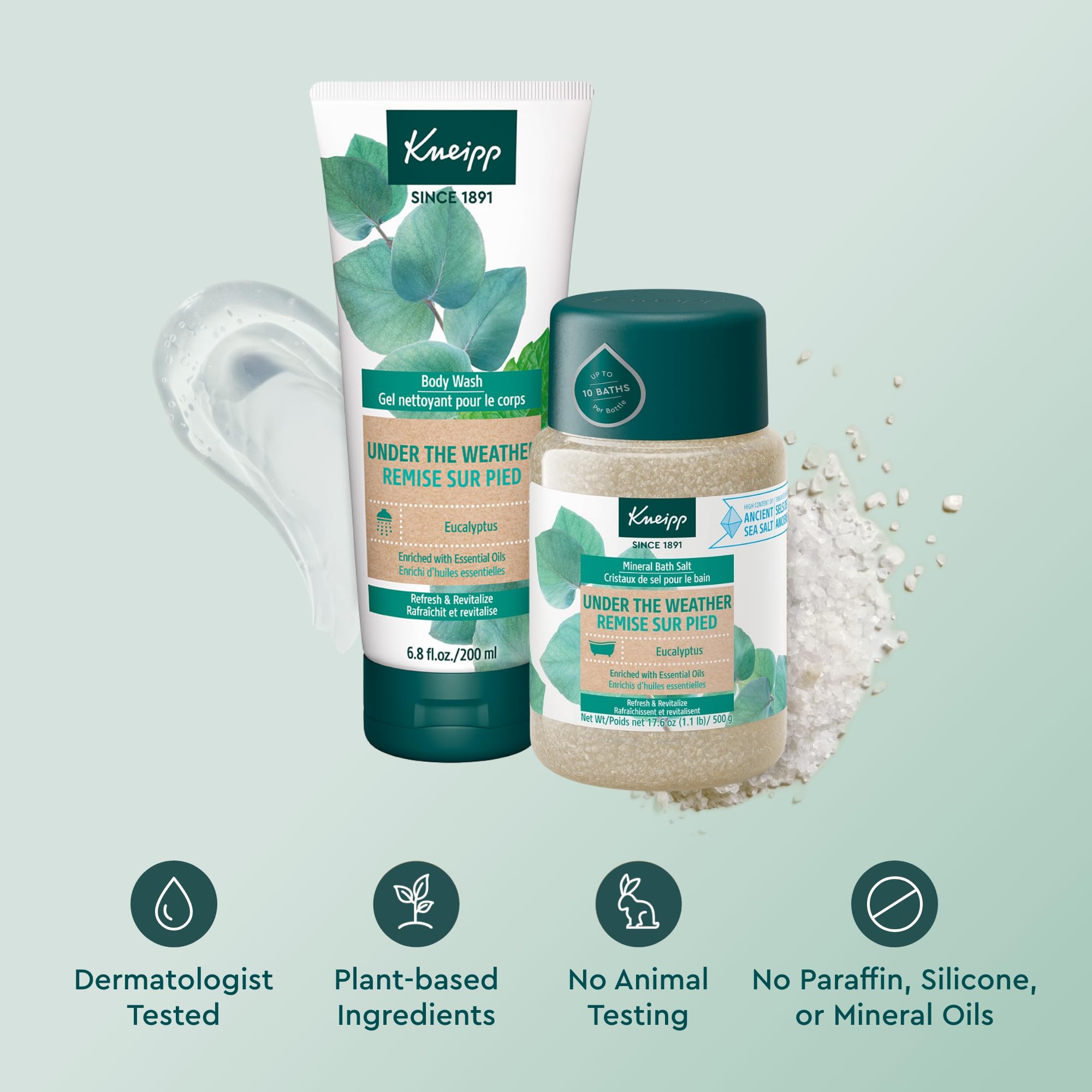 Kneipp Eucalyptus Mineral Bath Salt & Body Wash Set - 17.6 oz Bath Salt + 6.76 fl oz Body Wash for Respiratory Support & Relaxation - Aromatherapy for Cold Relief, Stress Relief & Better Sleep