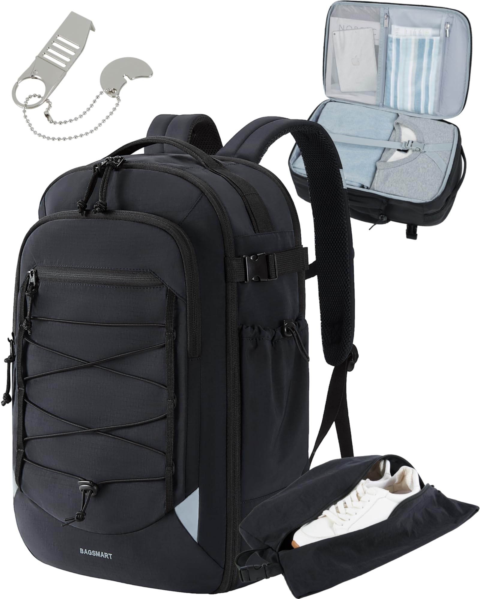 BAGSMART 17.3 Inch Large Travel Backpack - Flight Approved Carry On Backpack with Shoe Compartment, 30L Water Resistant Daypack for Men & Women - Perfect for Air Travel, Business Trips & Weekend Getaways (Black)