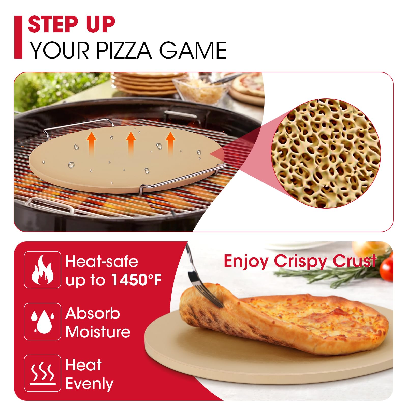 Unicook 15 Inch Round Pizza Stone for Oven & Grill - Cordierite Baking Stone for Pizza, Bread, Cookies & Pie - Includes Carry Rack & Dough Scraper - Perfect for Home Baking, Outdoor Grilling & Restaurant Use