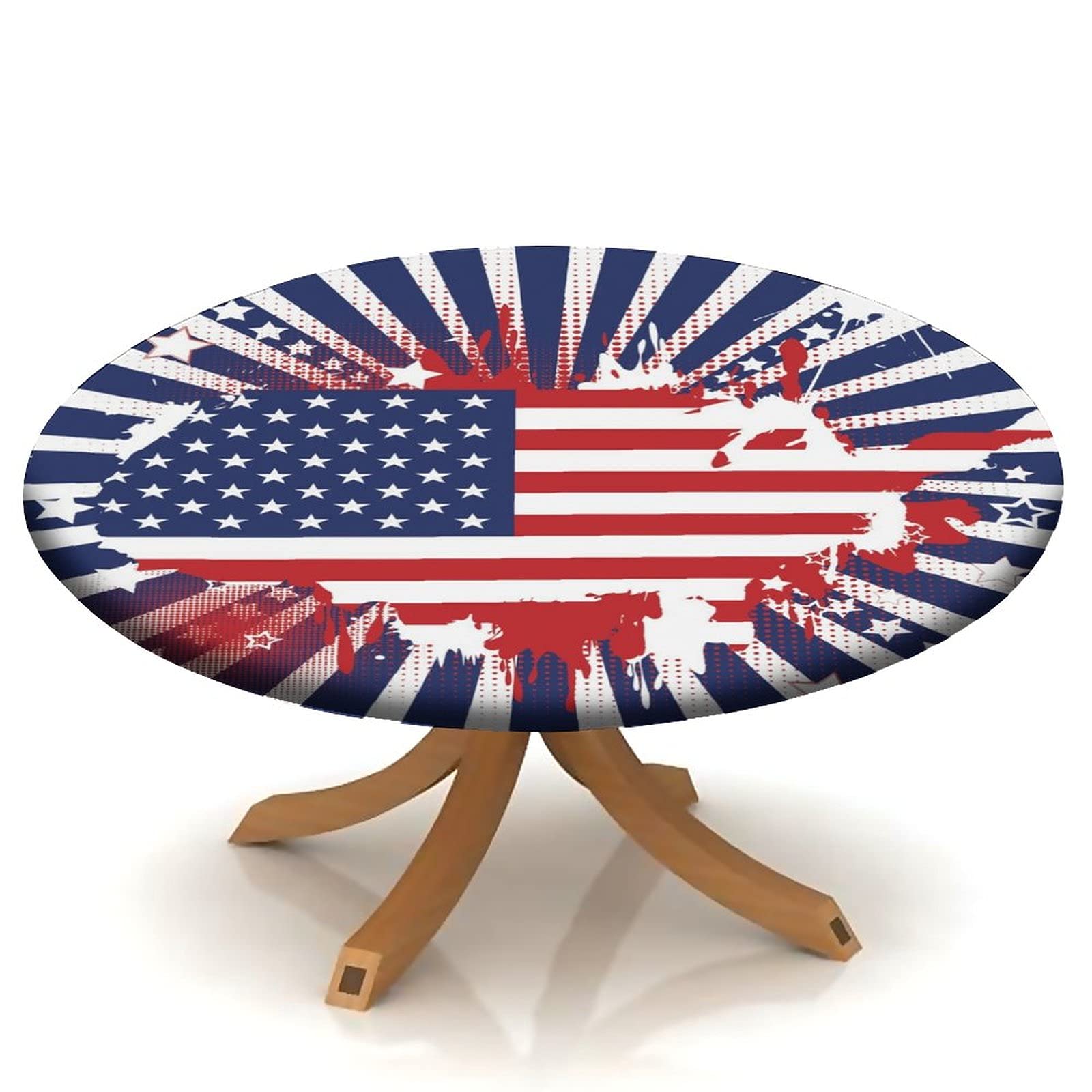 4th of July American Flag Round Tablecloth - 48 Inch Waterproof Polyester Table Cover with Elastic Edge for Picnic, BBQ & Party | Patriotic Home Decor, Oil & Dust Resistant for Indoor/Outdoor Use
