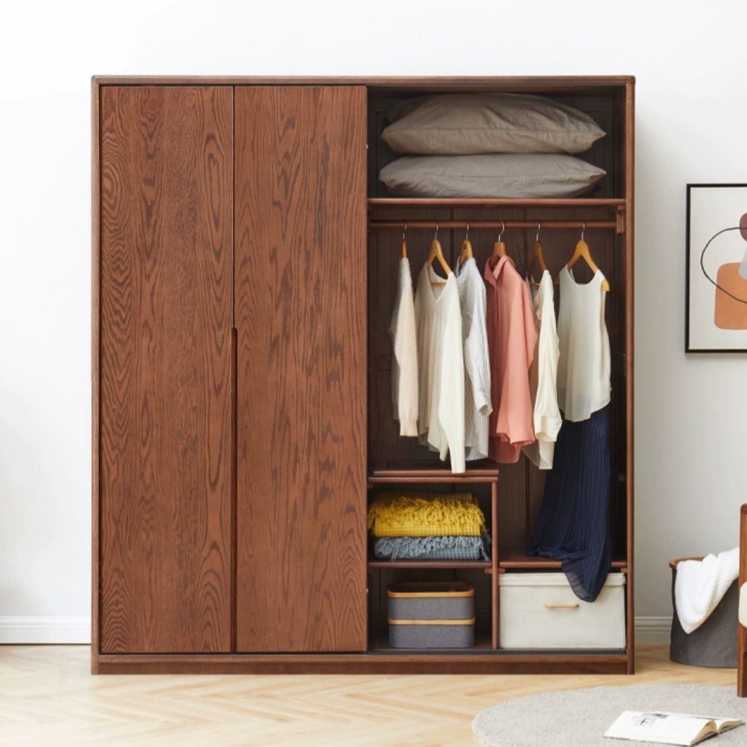 Solid Oak Wood Sliding Door Wardrobe Closet - Modern & Spacious Storage for Bedroom, Walk-In Closet, or Living Room Organization